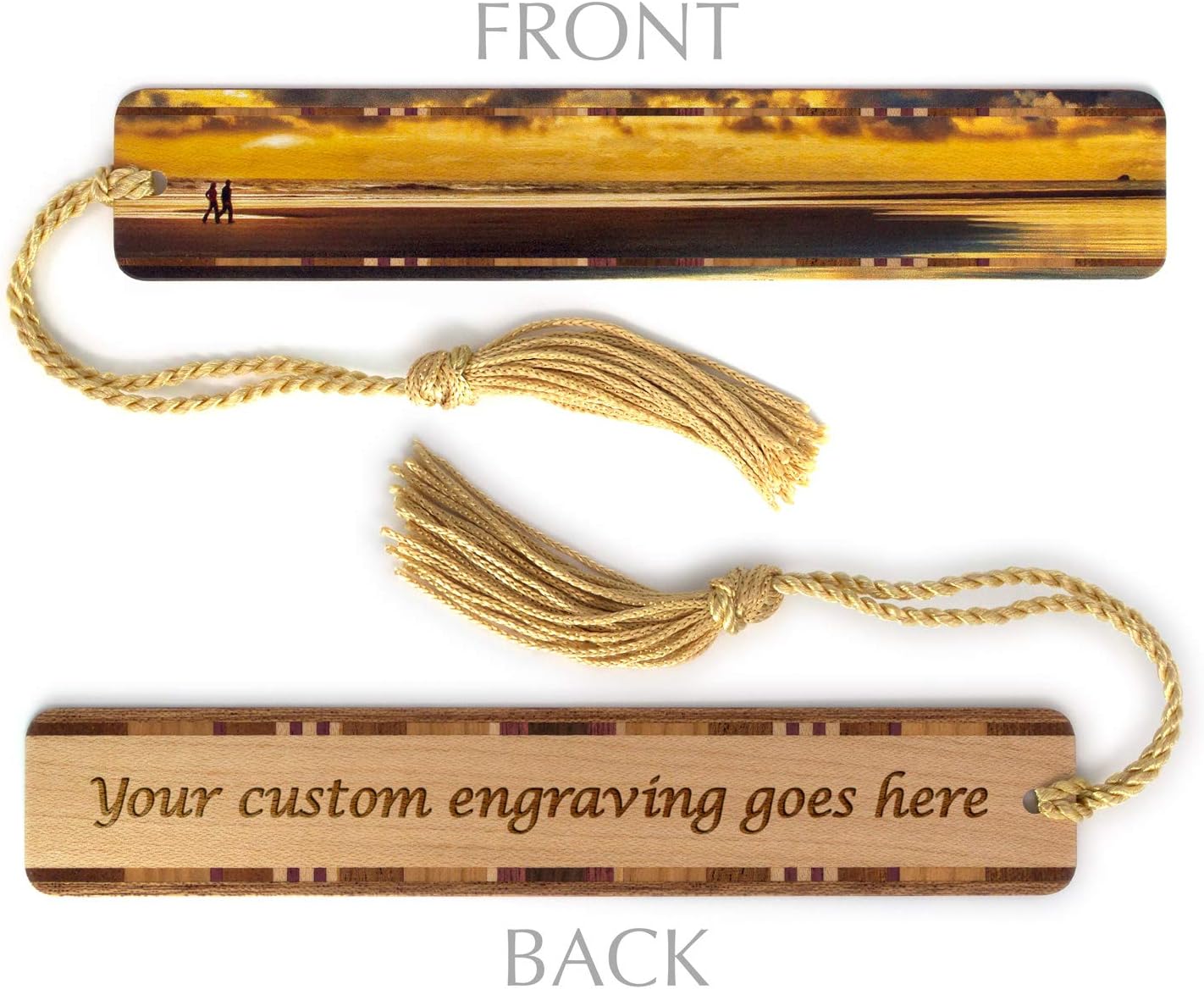 Personalized Couple Beach Walk at Sunset Handmade Wooden Bookmark Photograph by Mike DeCesare - Made in USA - Also Available Without Personalization