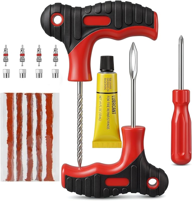 17 Pieces Tire Repair Kit with Plug Kit T Handle Tire Repair Tools to Fix Punctures and Plug Flats for Truck, Rv, SUV, ATV, Motorcycle, Car, Tractor, Trailer