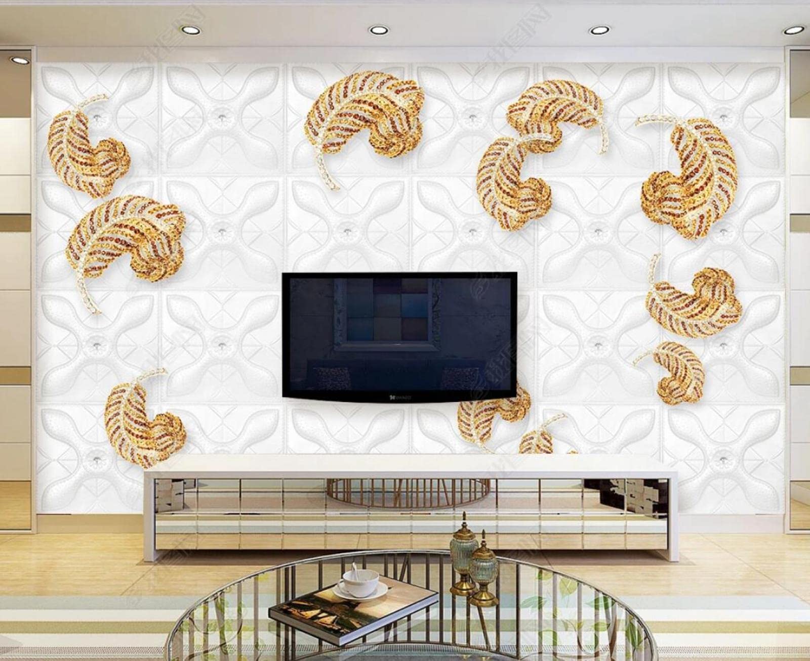 Papier peint 3D plumes et géométrie pour grand mur de salon