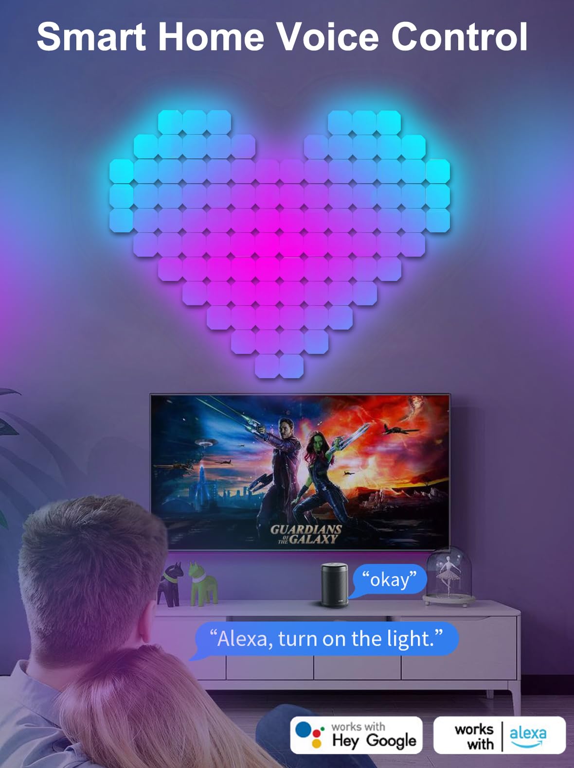 Hexagon LED Panel Wandleuchte, Smart RGBIC Gaming LED Wandpaneele Beleuchtung 12 DIY Quadrate Funktioniert mit Alexa und Google Assistant, Musik Sync App-Steuerung für Gaming Setup Wohnzimmer TV Deko