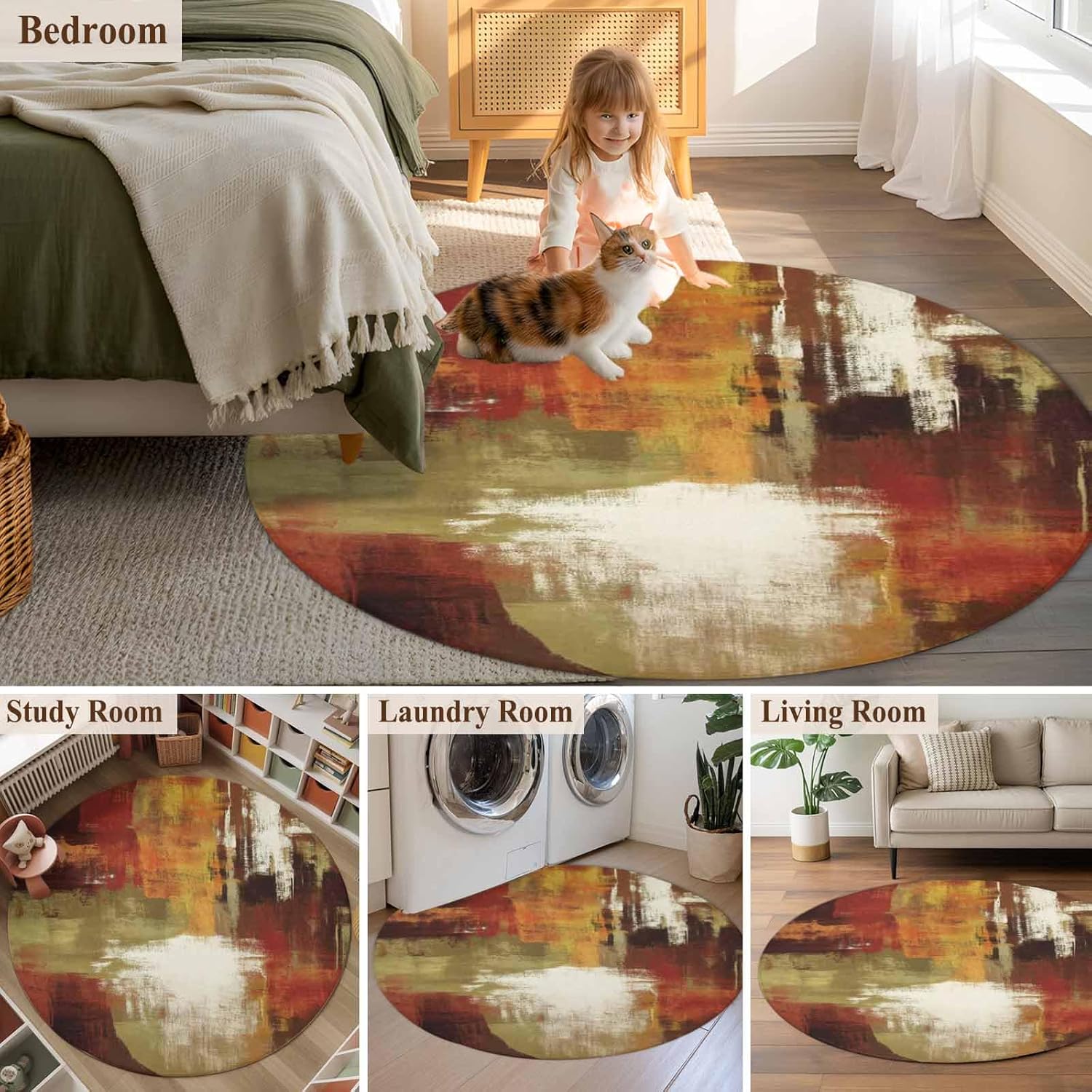 Burnt Orange Round Rug 3ft Washable Circle Entryway Rugs Non Slip Fall Modern Oil Painting Abstract Art Green Brown Area Rug Indoor Floor Carpet for Bedroom Kitchen Living Room Home Office Dining Room