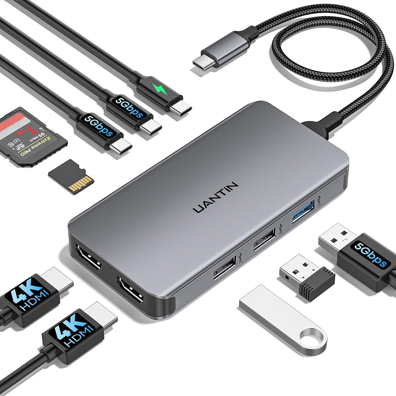 UANTIN USB C Docking Station Dual Monitor for Laptop, 10-in-1 Dock HDMI Hub | Laptop Docking Station with 4K HDMI, 2 USB-C, 3 USB-A, 100W PD, SD/Micro SD, USBC Multiport Adapter Dongle for Dell, HP