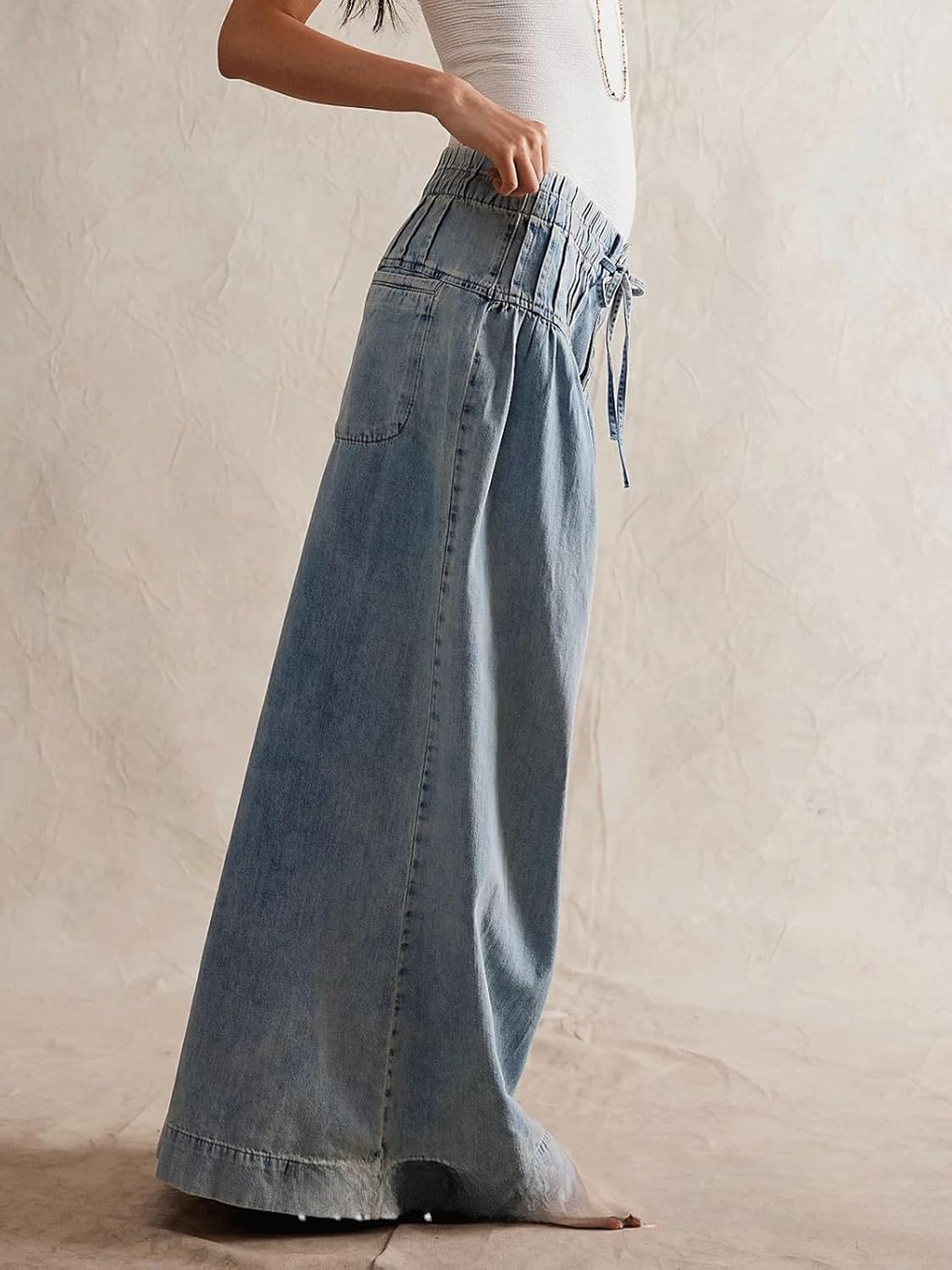 CHARTOU Women's Baggy Wide Leg Denim Pants Drawstring Midi Waisted Flare Jeans Ruffle Pleated Button Jeans - Image 4
