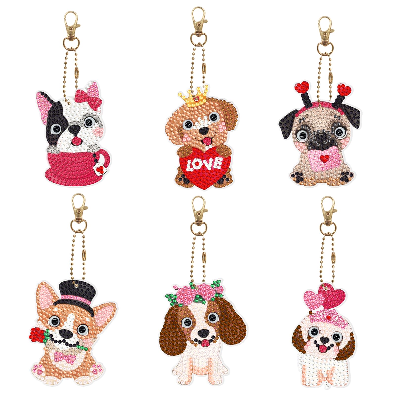 6 Pcs Diamond Art Key Chains Lovely Dogs Hanging Ornament DIY Kits 5D Mini Diamond Art Painting Keychains Valentines Day Decor Double Side Gem by