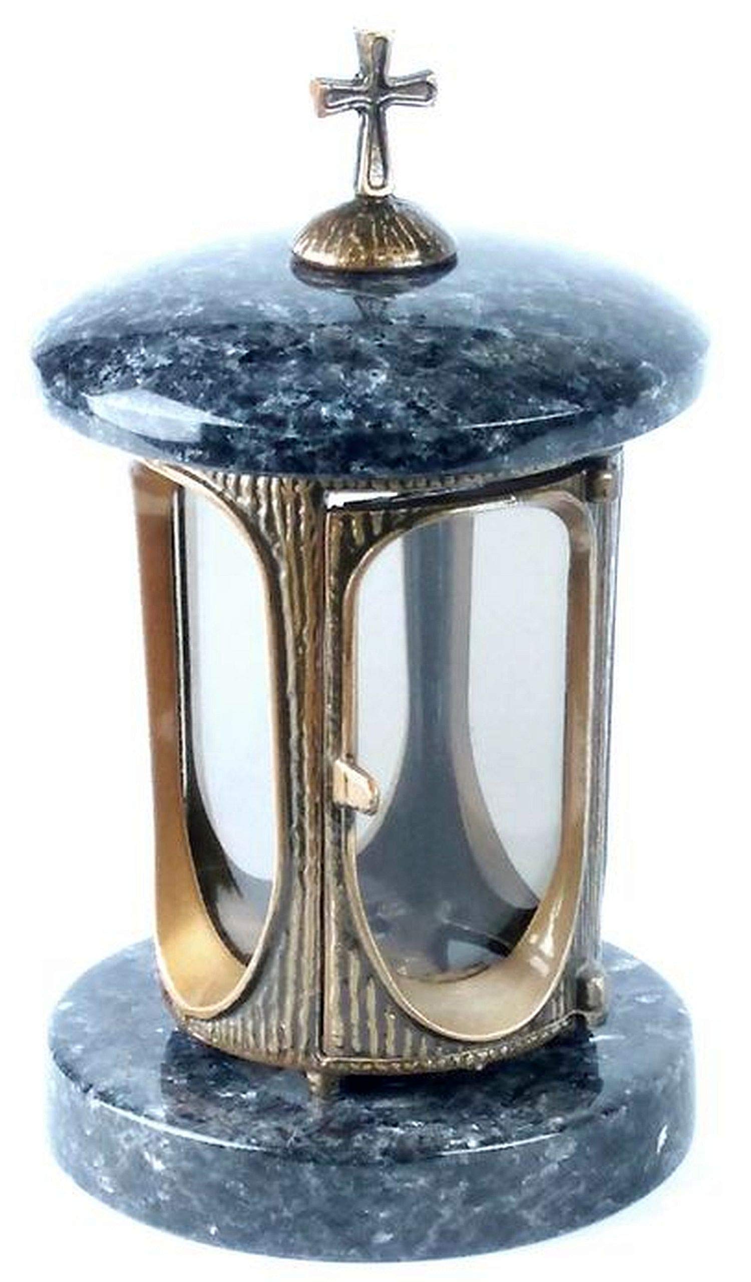 designgrab Alu Grab lampada in alluminio messingfarbenem in finitura anticata con croce e tomba VASO Taille Medium e 2 pezzi base rettangolare in granito Labrador Blue Pearl