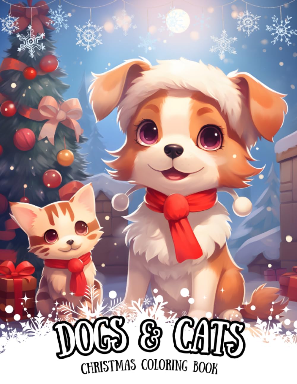 Cute Dogs And Cats Christmas Coloring Book: Adorable Xmas Animal Pages For Kids And Adults