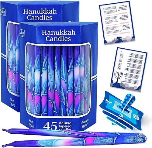 Juego de 45 velas de Hanukkah sin goteo de alta calidad, se adaptan a menorás estándar, velas delgadas y cónicas de Janucá para ocho noches de