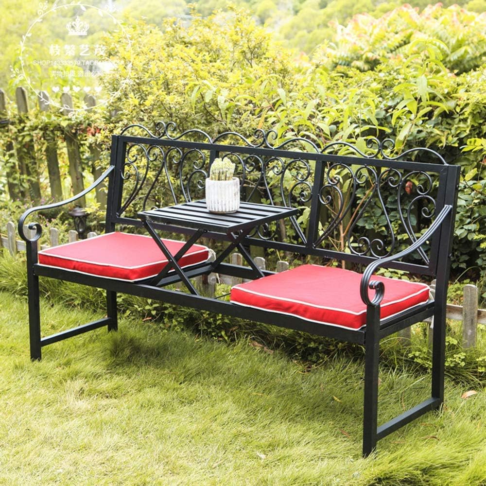 60in Park Terrace Bench Cast Iron Garden Benches Outdoor Leisure Bench with Middle Table Weatherproof Retro Decorative Metal Bench 2-Seater Bench for Courtyard Porch Lawn (Black B) (White B)