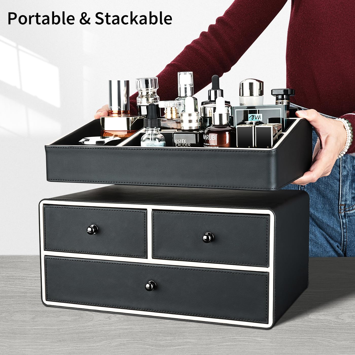 KINGFOM Make-up-Organizer, Kosmetik-Organizer mit 3 Schubladen und 5 Fächern, Make-up-Organizer (schwarz)