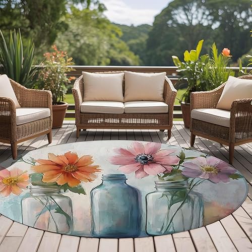 Miniatura 5 de 8ft Round Rug, Watercolor Flowers Non-Skid Rubber Backing Large Area Rugs - Living Room Bedroom Home Office, Retro Rustic Botanical Floral Leaves