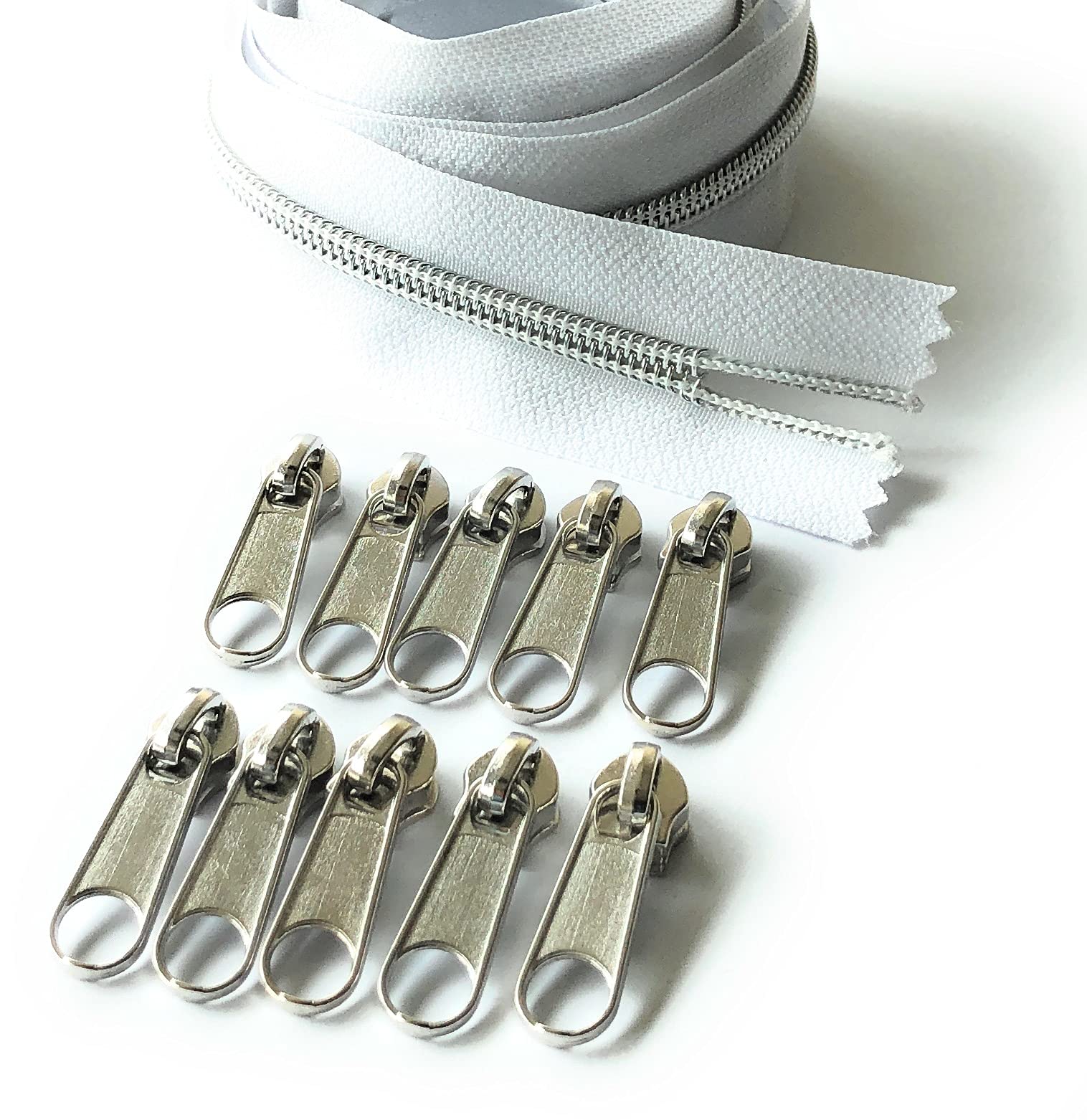 Ads Zipper White (Silver - 101 S) Continuous Nylon No.5 Zip With Sliders #5 Chain Zipper On Roll With 10 Pullers (, 196.8" - 5 Metre)