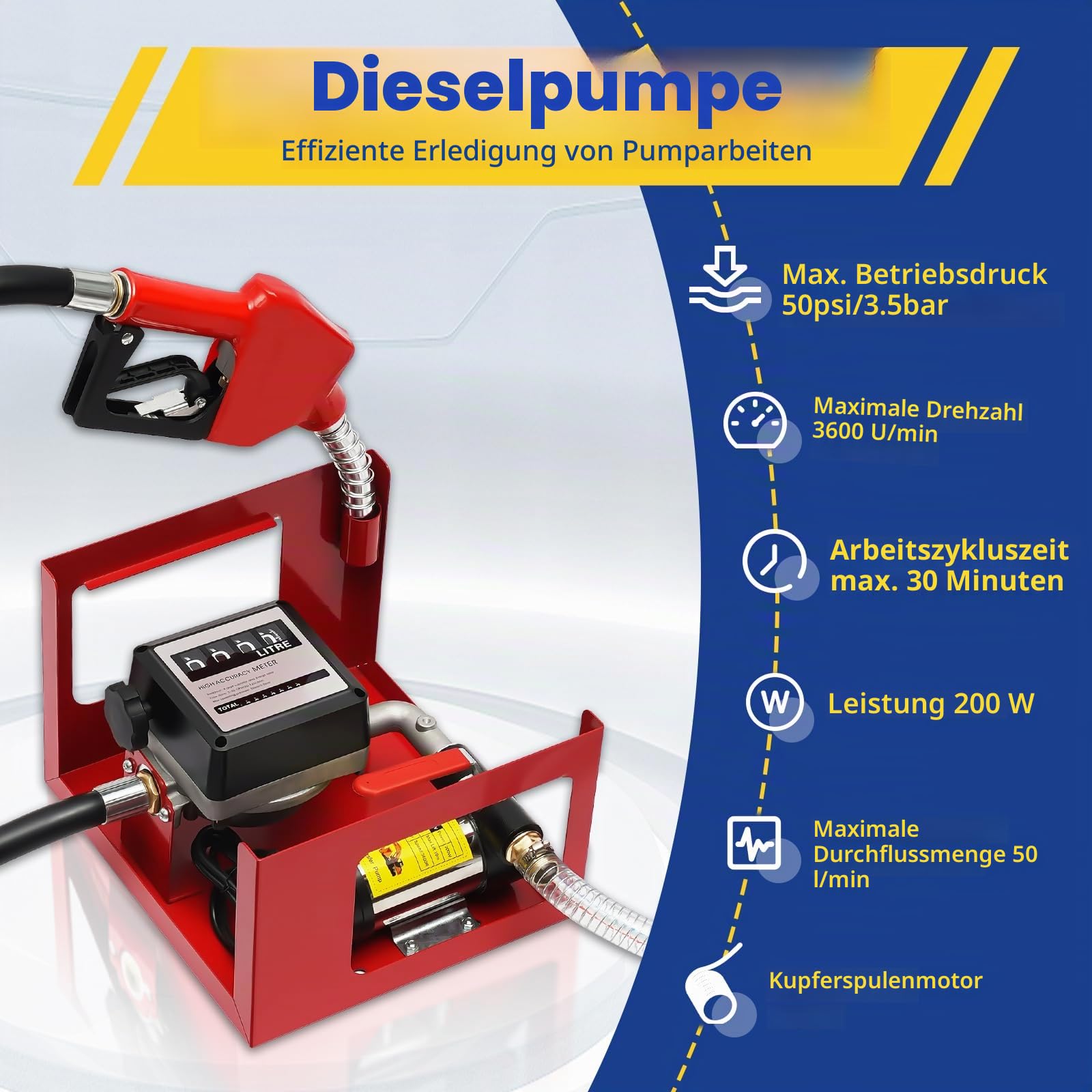 MINRS Dieselpumpe 230V 200W Selbstansaugend Pumpe 50L/min Heizölpumpe, mit Automatischer Zapfpistole, 4m Auslassschlauch, Zählwerk, Drei Geschwindigkeiten Geeignet für Diesel Kerosin