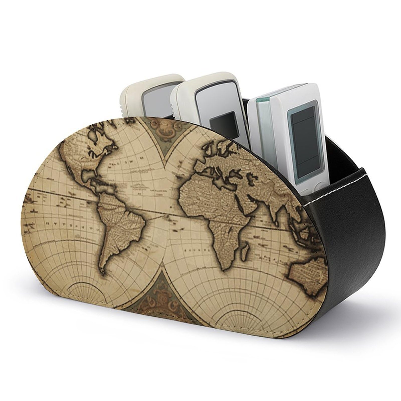 JTREHY World Map Remote Control Holder with 5 Compartments Pu Leather Remote Caddy Box Multi-functional Deskt Holders Organizer Box Tray Bedside Table Storage Organizer