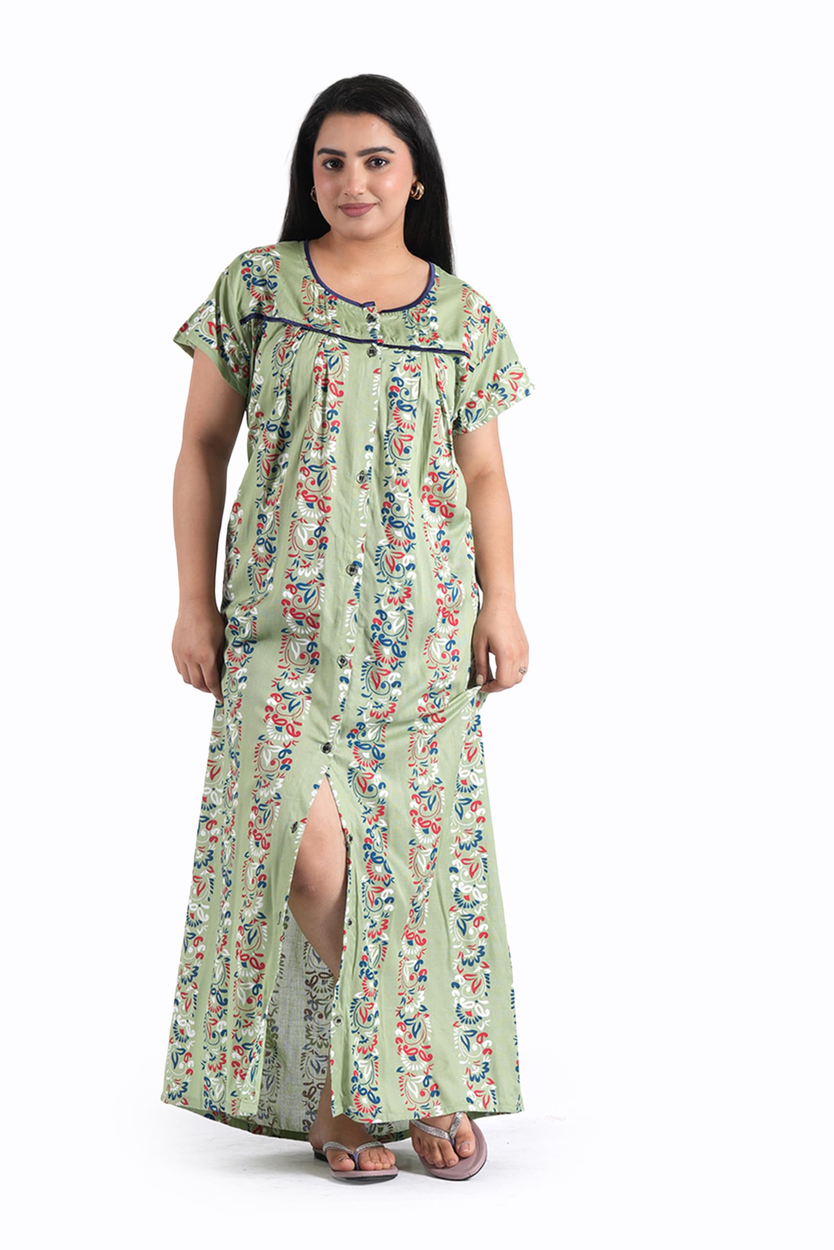 Women's All Over Printed Open Front Rayon Cotton Nighty/Maxi/Nightgown/Nightwear WSR-215-image-44