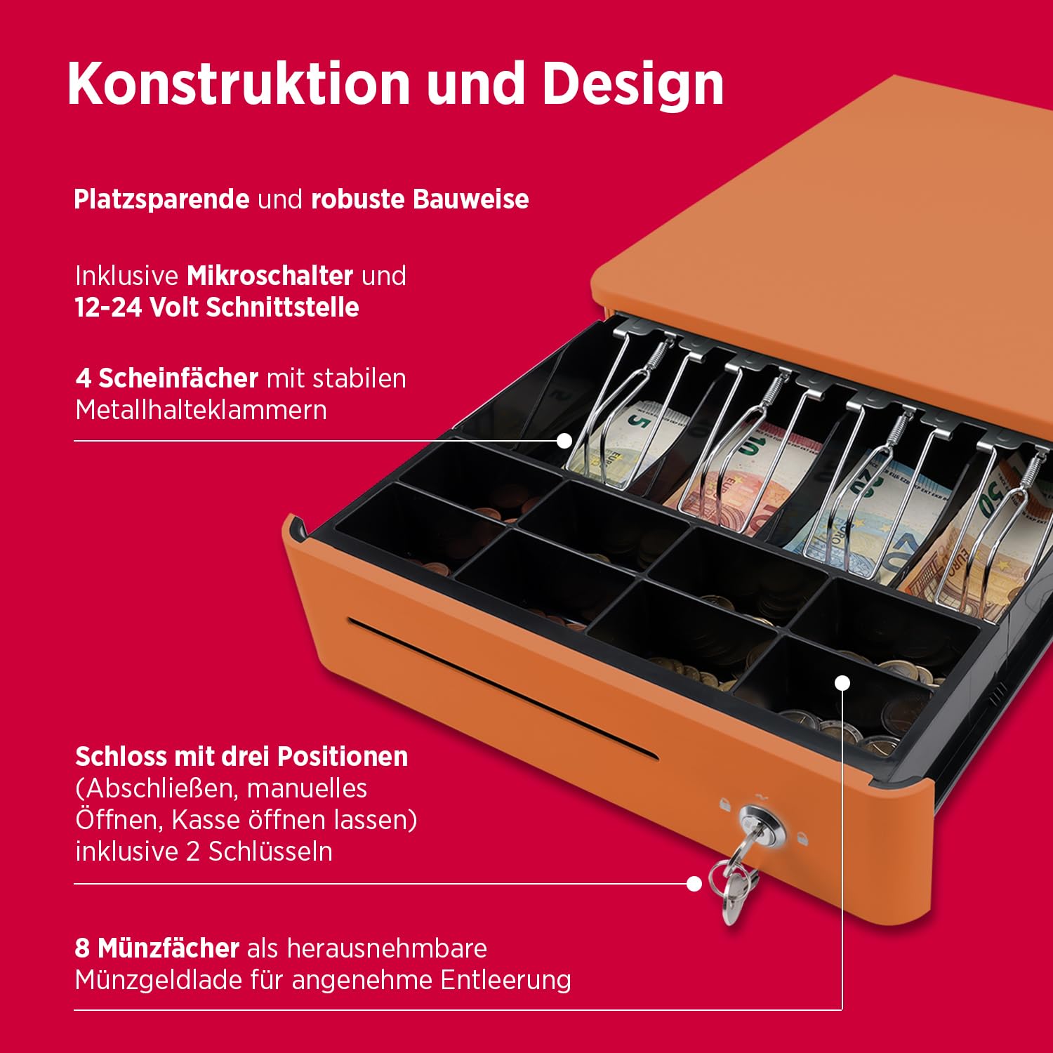 OLYMPIA S 330 Orange | Cassetto contanti con 8 scomparti per monete e 4 scomparti per banconote, robusto cassetto per cassa in metallo, registratore di cassa controllabile elettrico con serratura e