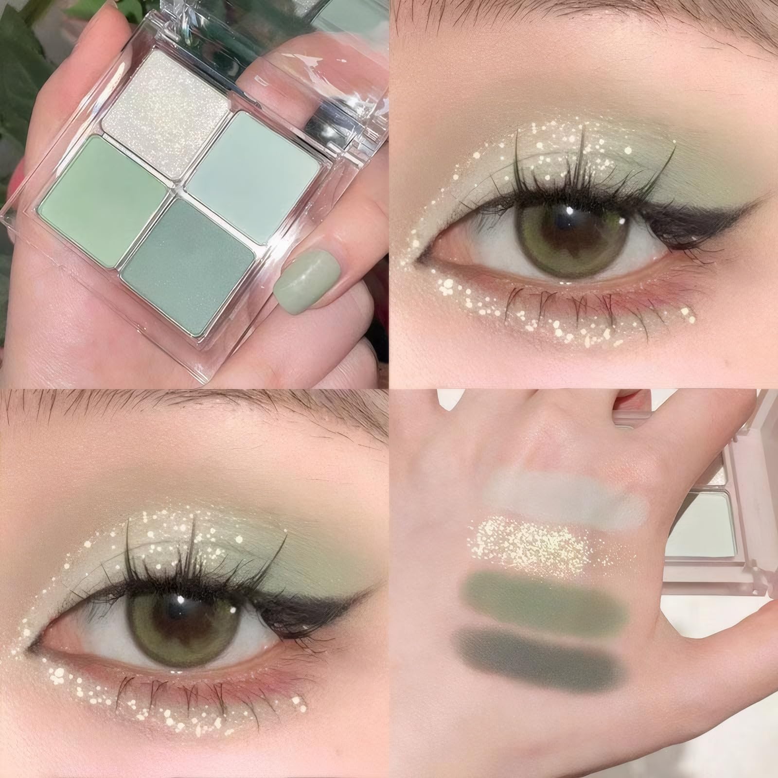 Lidschatten-Palette, matt, hellgrün, mit Glitzer, 4 Farben, wasserfest, mit Pigmenten aus Minze und Meerschaum, für Damen