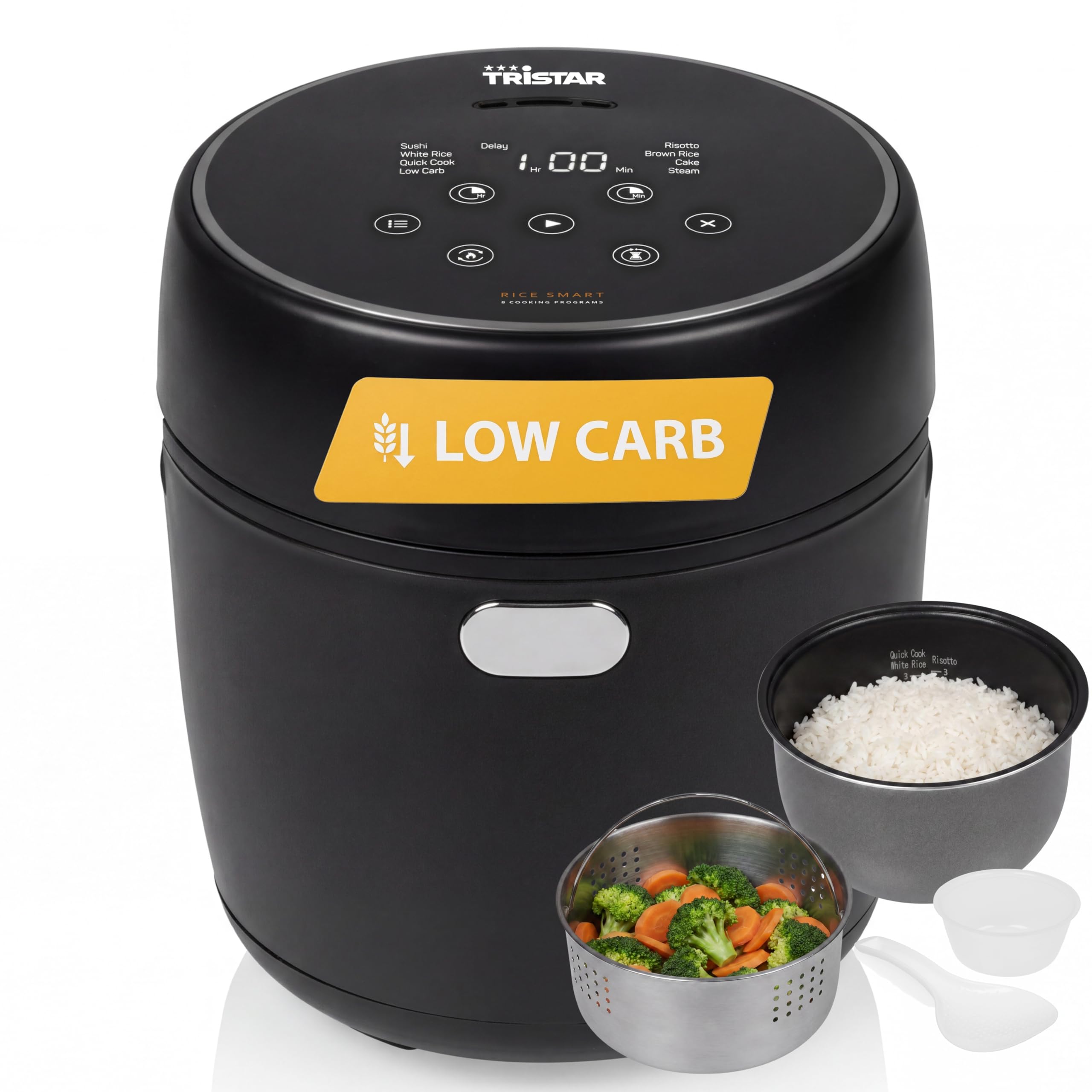 Tristar Cuiseur à Riz Numérique avec Fonction Low Carb, 8 Programmes Automatiques, Capacité de 0,6 L de Riz, Commandes Digitales, Facile à Nettoyer, RK-6238
