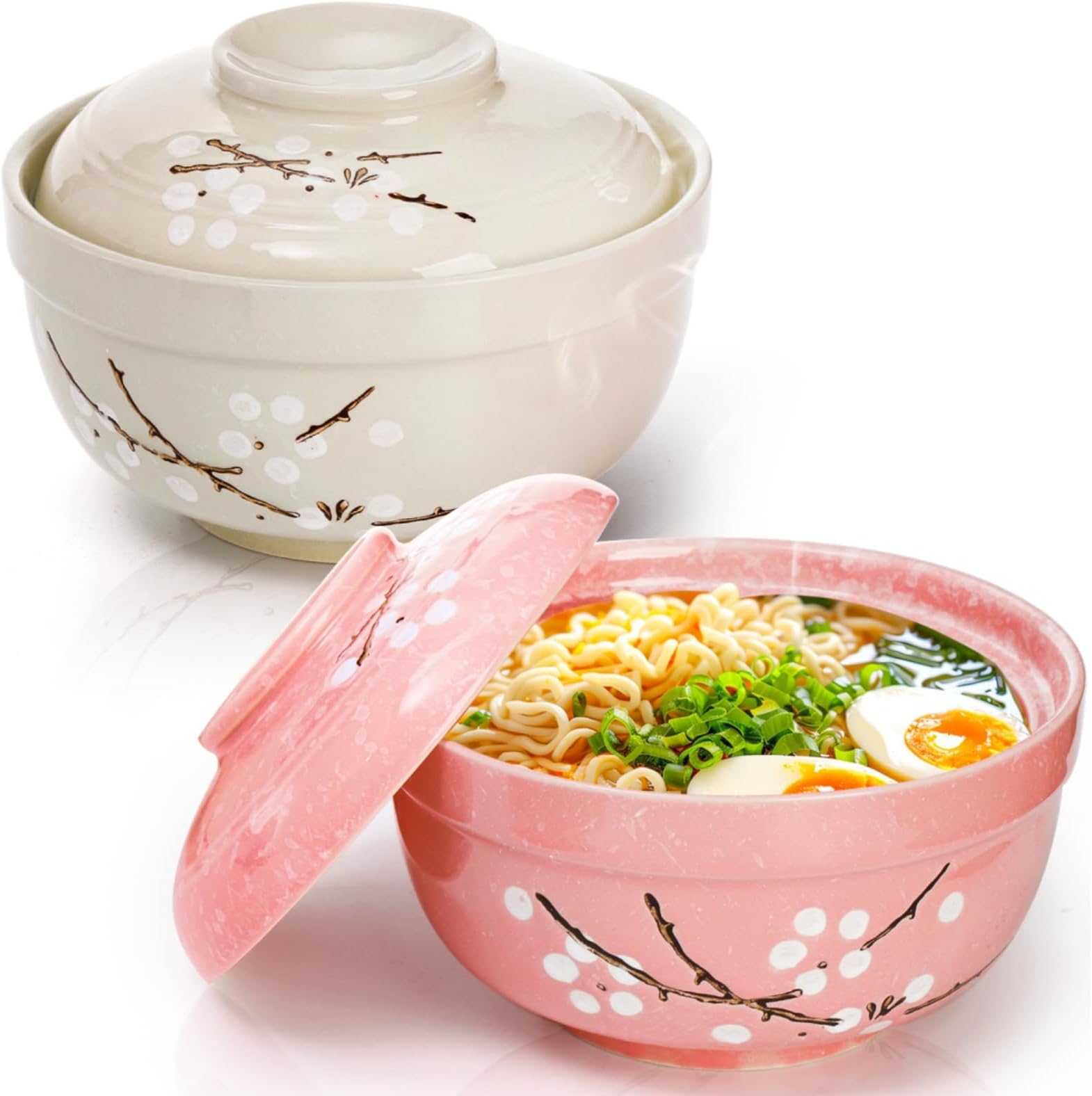 Goaste 2 Pack Ceramic Ramen Noodle Bowl, 27 OZ Big Ramen Bowl with Lid, Japanese Hand-Painted Ceramic Tableware, Durable Floral Soup Bowl for Noodles, Porridge, Rice, Dishwasher Safe(Pink, Cyan Blue)