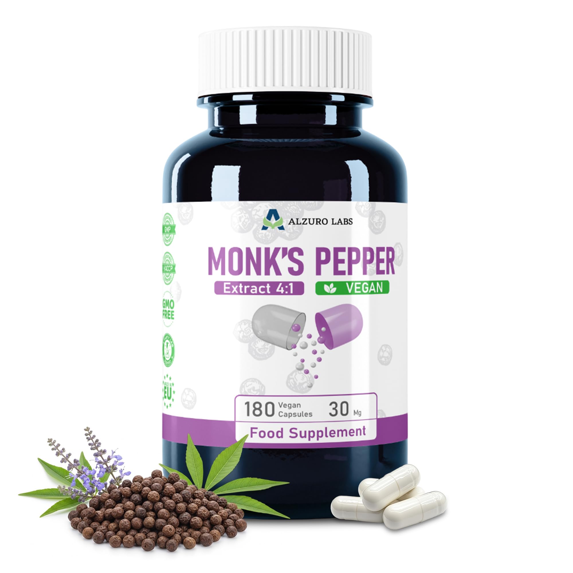 Poivre moine | 120 mg équivalent (30 mg d'extrait 4:1) | 180 capsules végétaliennes | 6 mois de stock | GMP & Testé en Laboratoire Indépendant