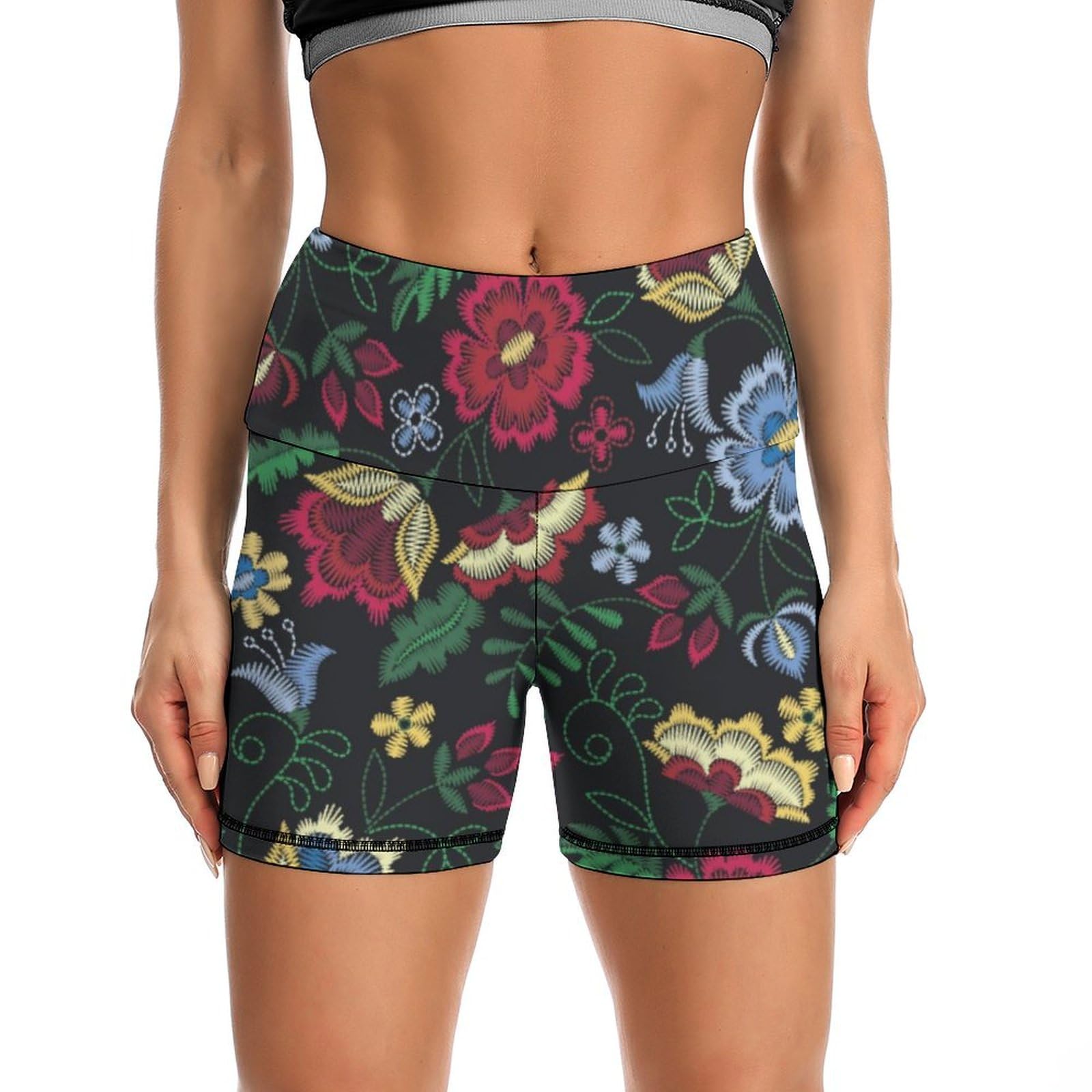 JYYAU Embroidery Flower Pattern High Waist Yoga Shorts for Women Athletic Shorts Leggings Running Pants Black