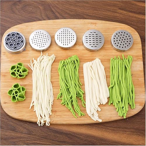 Miniatura 2 de XIAN Máquina manual para hacer pasta, máquina de exprimir jugo de pasta de acero inoxidable, para hacer fideos y fettuccine, con 5 moldes de fideos