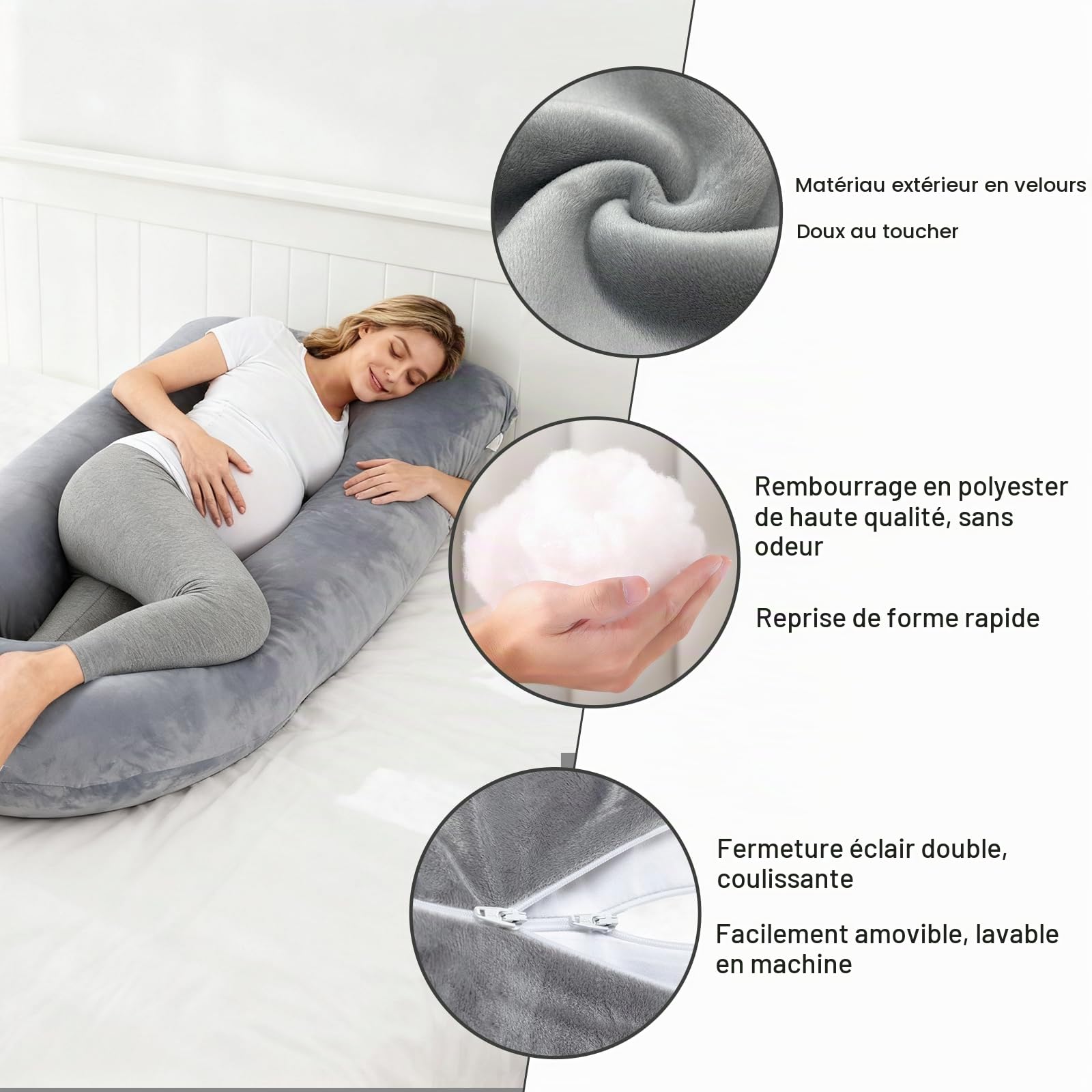 SOARFLY Coussin de Grossesse en Forme de U, Pregnancy Pillow 155cm pour Dormir sur Le Côté Coussin d'allaitement Amovible avec Housse, Soutien Dos, Ventre, Jambes, Gris