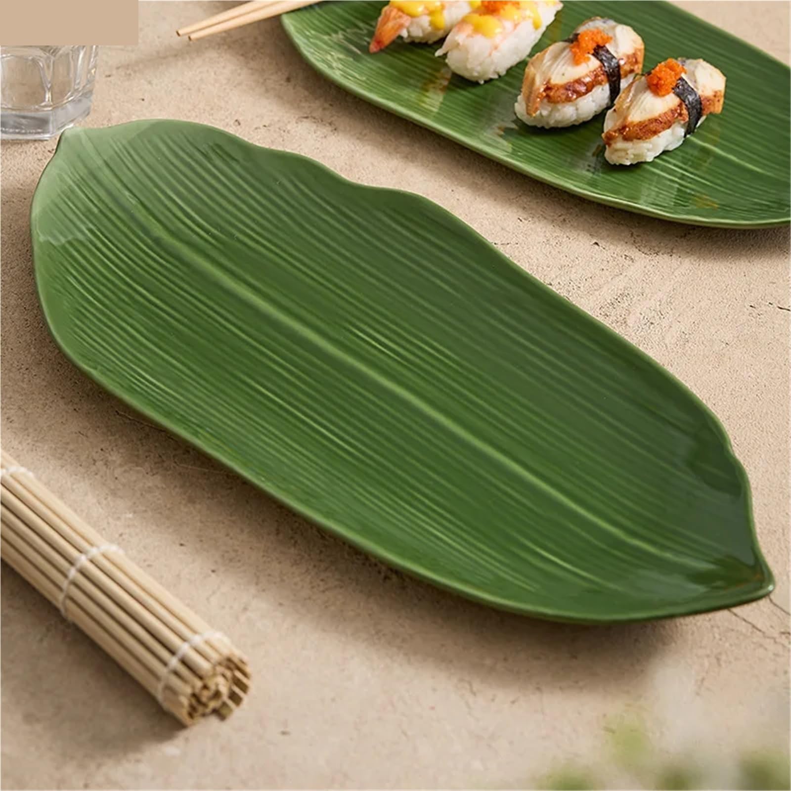 Ceramiczny talerz z zielonymi liśćmi do kuchni japońskiej, sushi, potraw molekularnych, do serwowania deserów (31,2 cm)