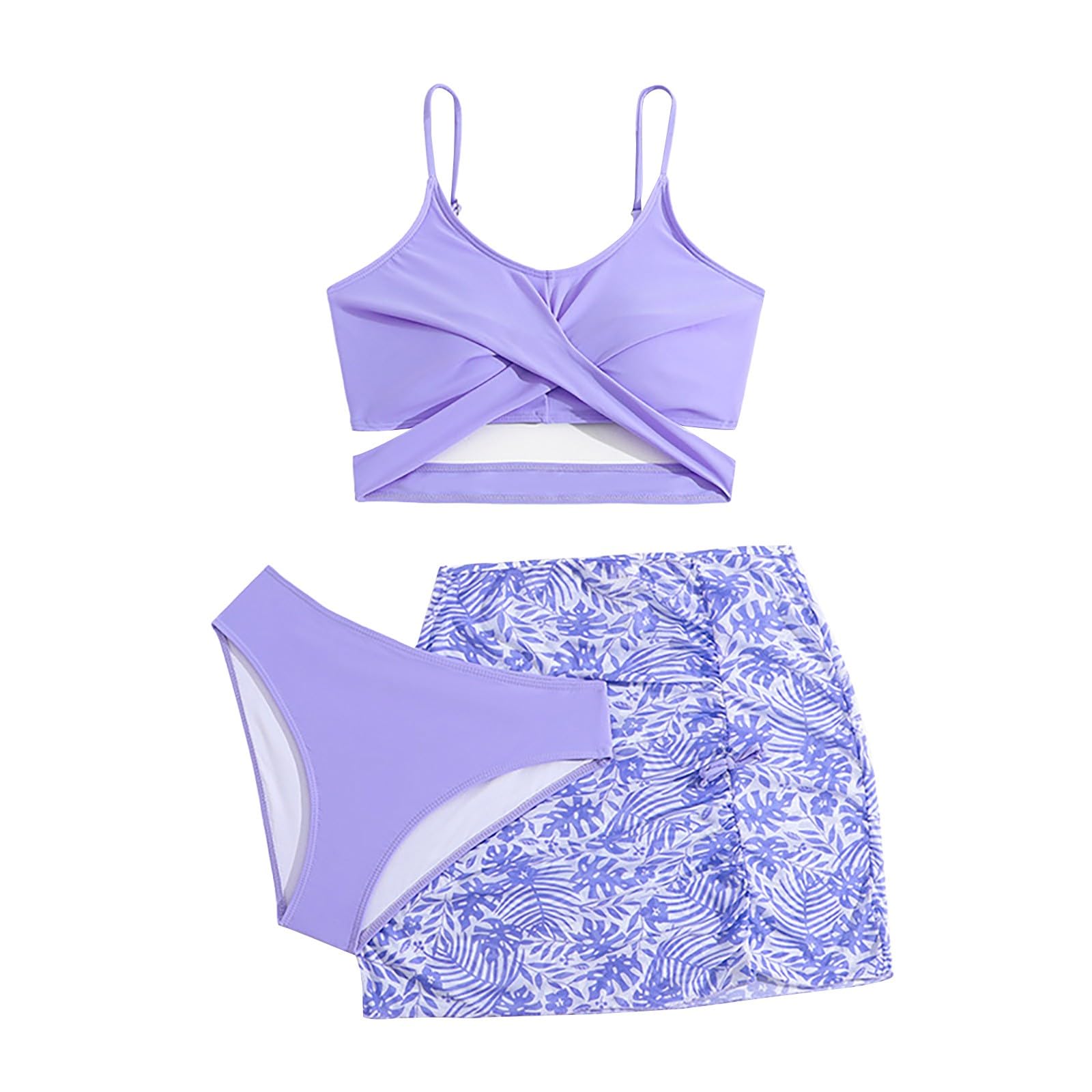 3 Piece Bathing Suits for Girls Cute Quick ????ry Solid Color ????riss C????oss Bikini & Cover Up Floral (Purple, 10 Years)