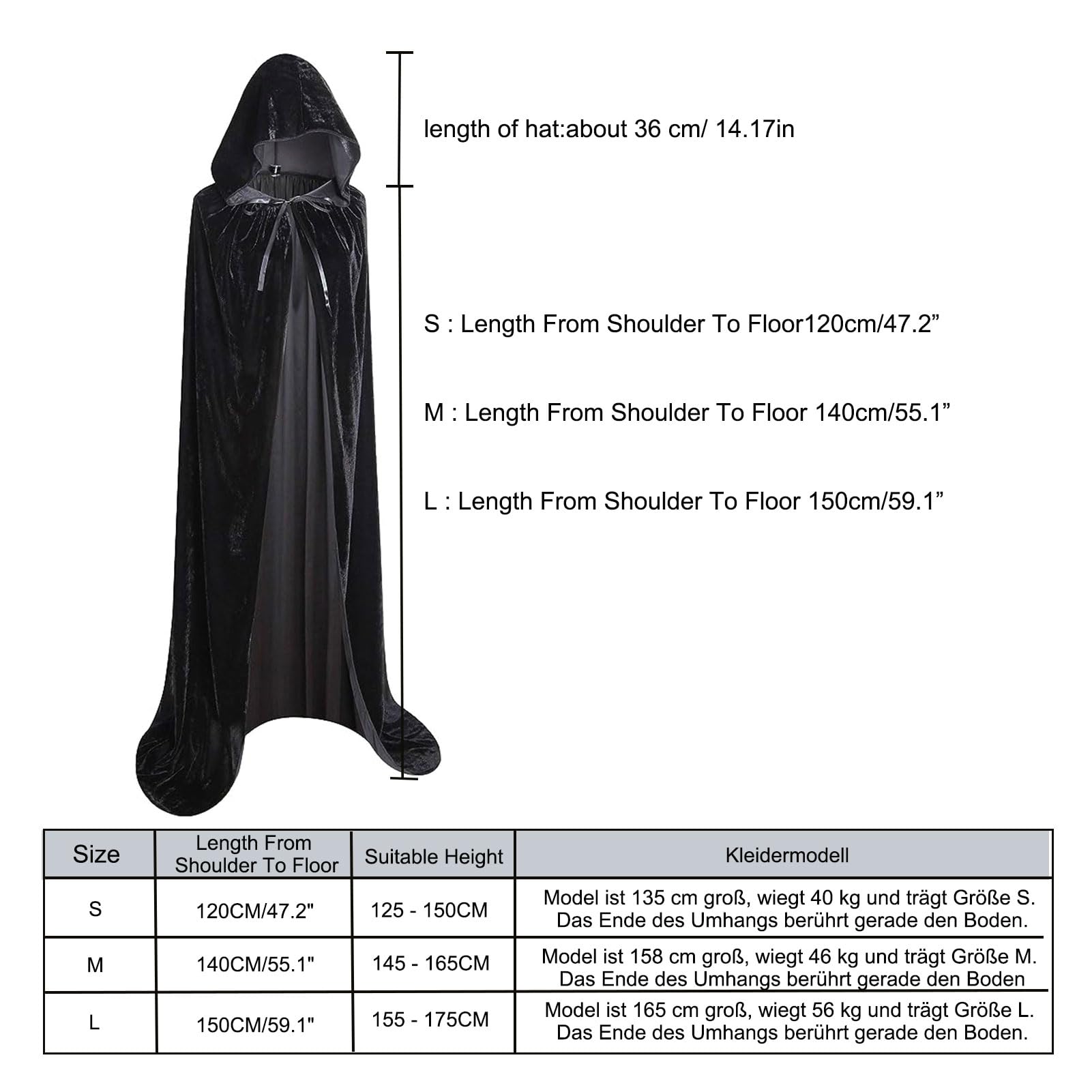 Winwild Halloween Umhang Damen Mit Accessoires Maske & Finger Kette,140/150/170cm Schwarzer Umhang Mit Kapuze Halloween Kostüm Vampir Umhang Schwarz Satin Cape Darth Umhang Vampir Kostüm Erwachsene