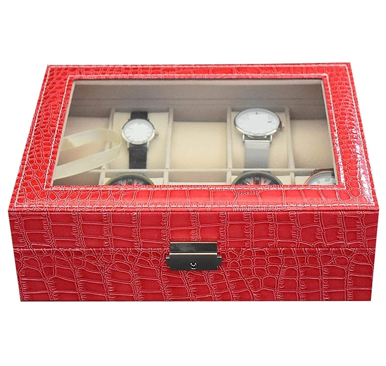 Custodia per orologi Rotolo per orologi Avvolgitore per orologi 10 slot Custodia per orologi con serratura in pelle PU Custodia per orologi Portaoggetti per gioielli Vetrina con coperchio trasparente