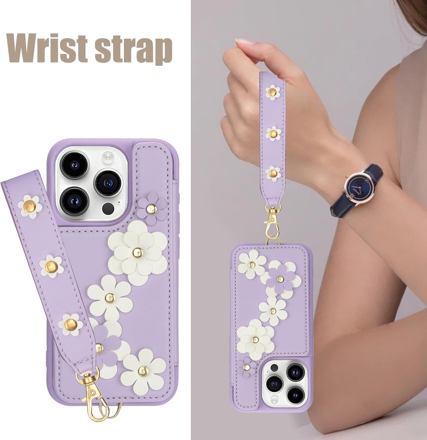 Asuwish Phone Case for iPhone 14 Pro 6.1 inch Wallet Cover with Tempered Glass Screen Protector Card Holder Slot Crossbody Strap Flower Cell iPhone14Pro 5G i i-Phone i14 iPhone14 4 14Pro Women Purple