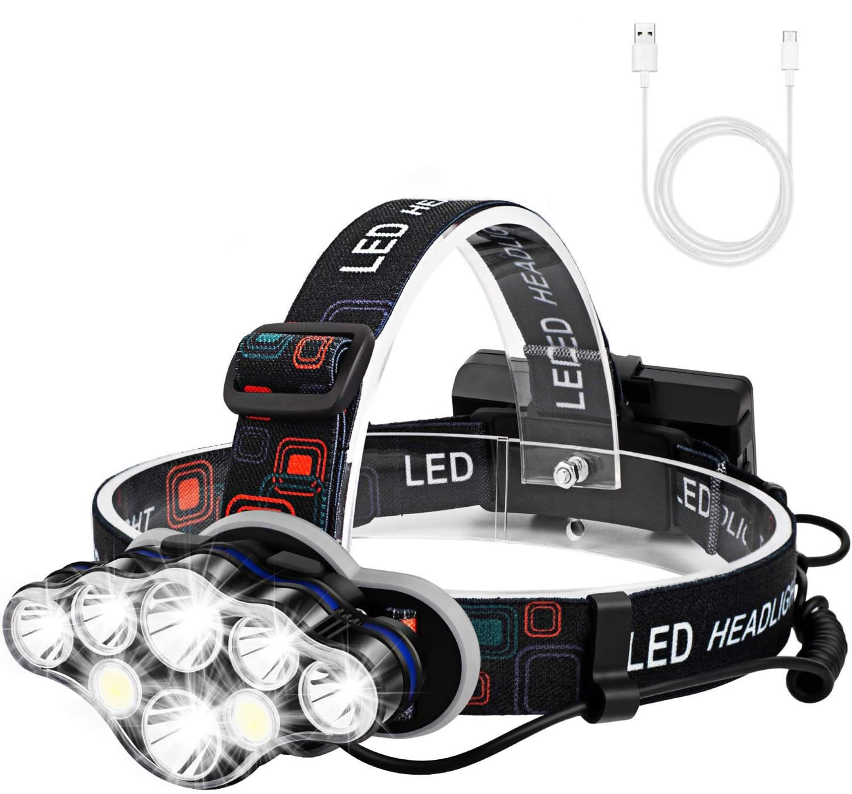 Excefore Head Torch, Rechargeable Headlamp Super Bright 13000 Lumens 8 Lighting Mode, Lightweight Waterproof Head Torch, Hands-Free Flashlight for Working, Fishing, Camping, Running