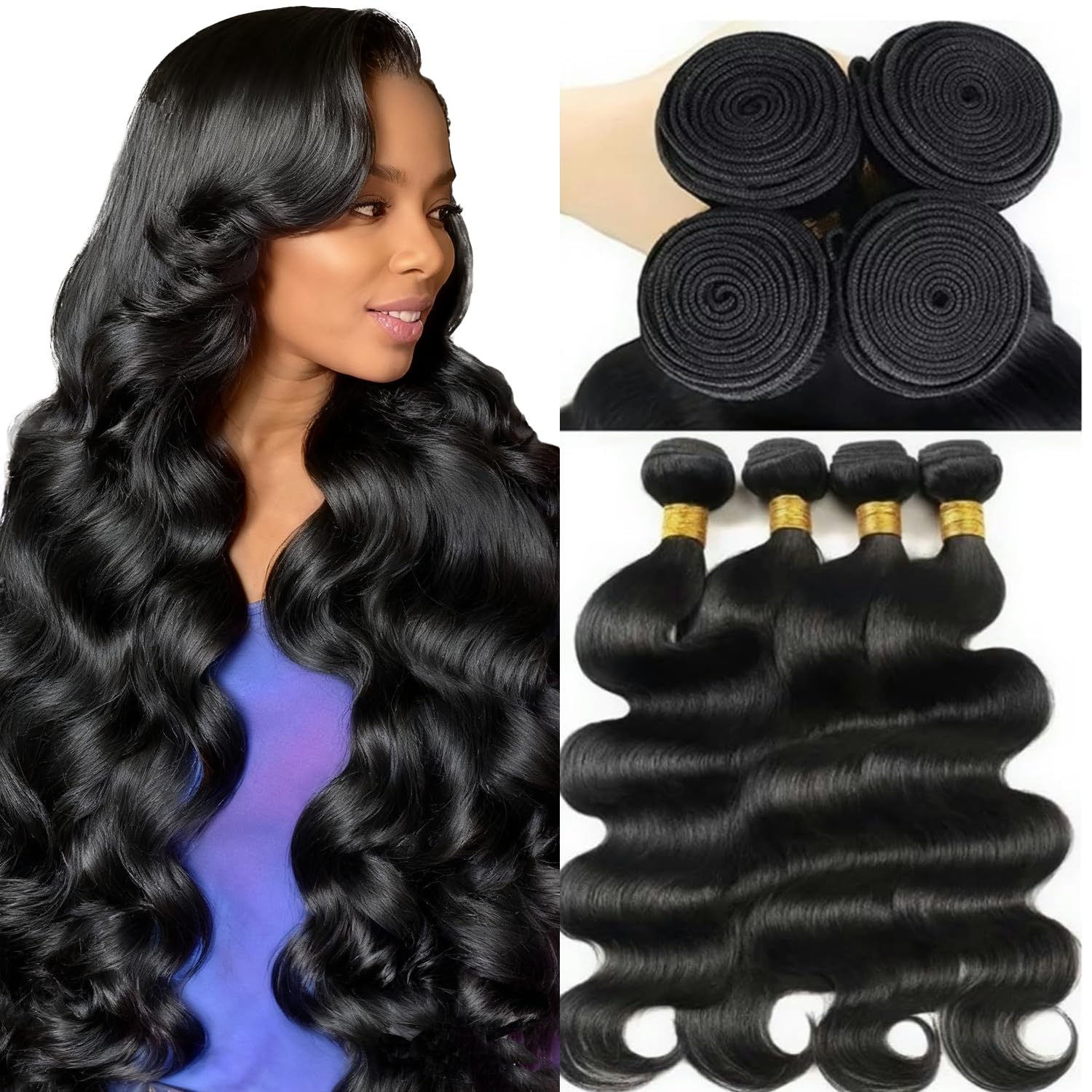 Human Hair Bundles 16 18 20 22 Inch 12A Body Wave Bundles Human Hair 100% Unprocessed Brazilian Virgin Hair 4 Bundles Raw Quick Weave Extensions Natural Black