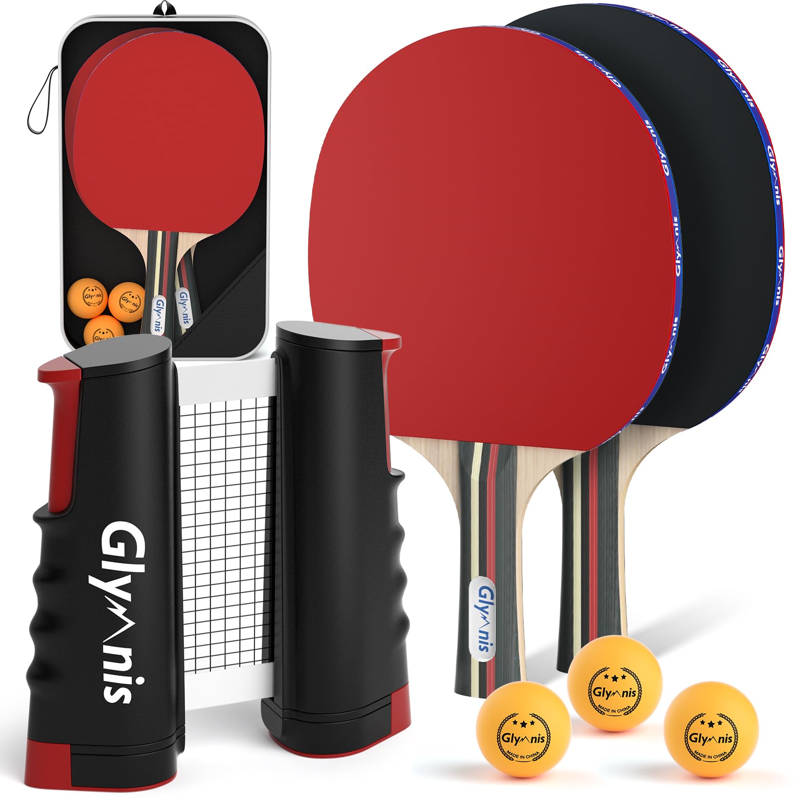 Glymnis Ping Pong Paddles Set, Ping Pong Balls with Retractable Net,Table Tennis Rackets with Carry Bag, Indoor/Outdoor Table Tennis Game Accessories