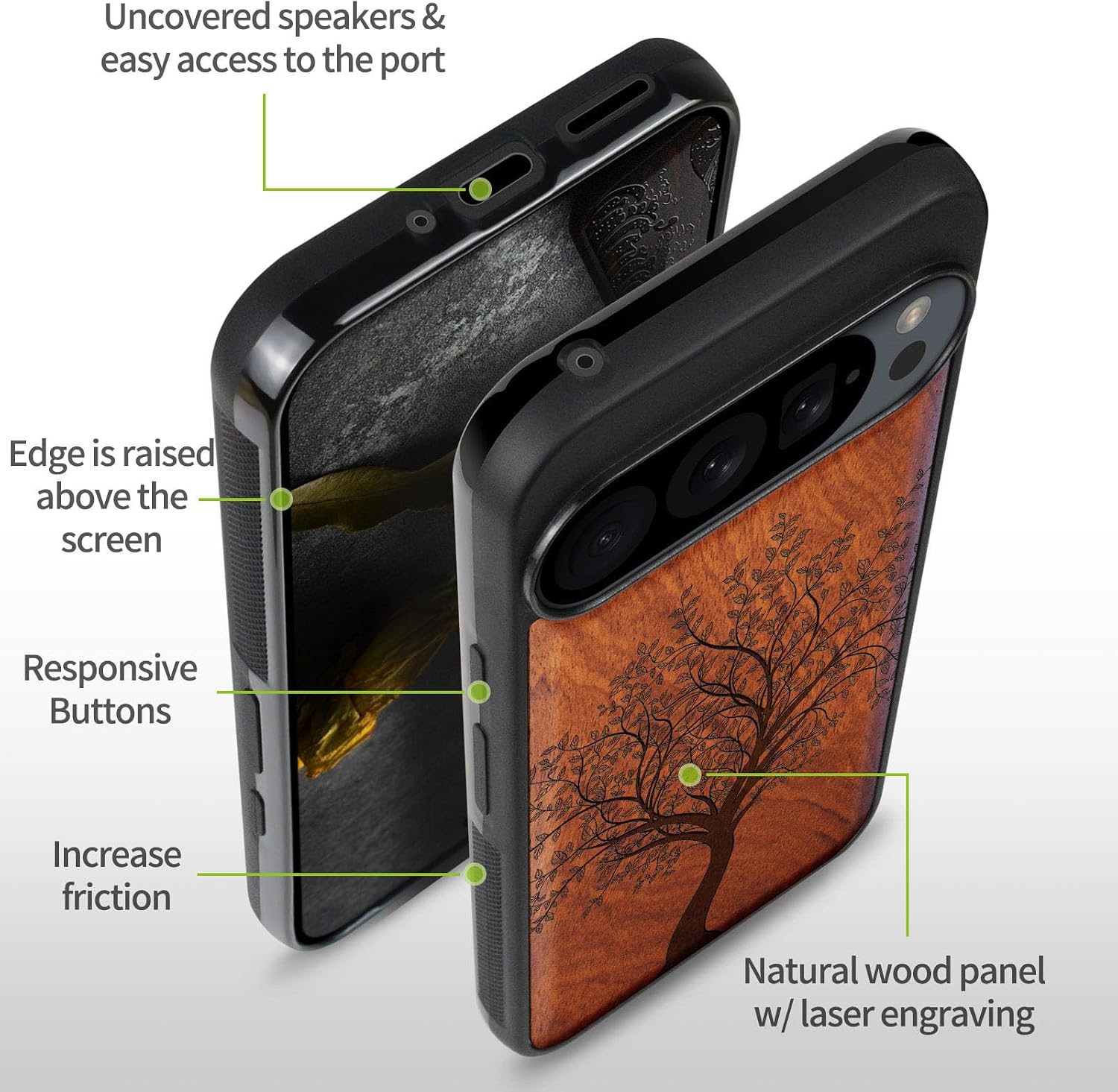 Carveit Magnetic Wooden Case for Google Pixel 9 Pro XL Case, Wood Artisan Engraved & Soft TPU Shockproof Cover, Compatible with MagSafe Wireless Chargers (Leafy Tree) Rosy