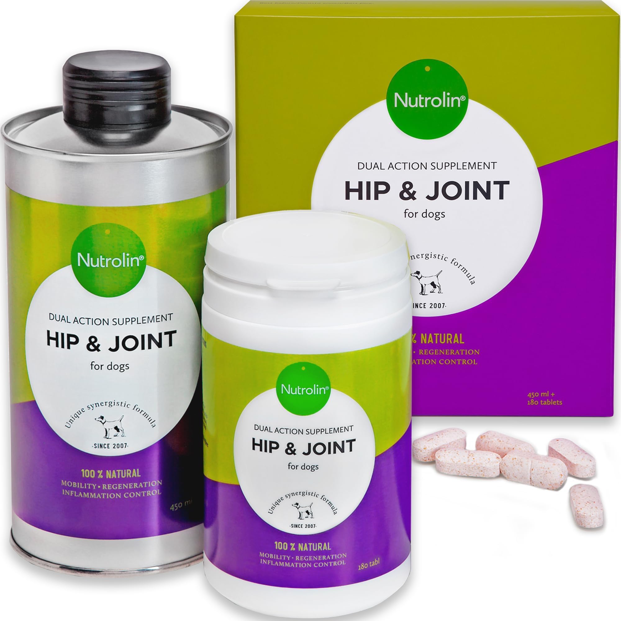 Nutrolin HIP & JOINT Supplement For Dogs - Enhance Dog Mobility & Joint Health. Dual Omega-3 Pharmaceutical Grade Fish Oil & Chondroprotective Tablets Health Supplies For Dogs. 450ml Oil & 180 Tablets