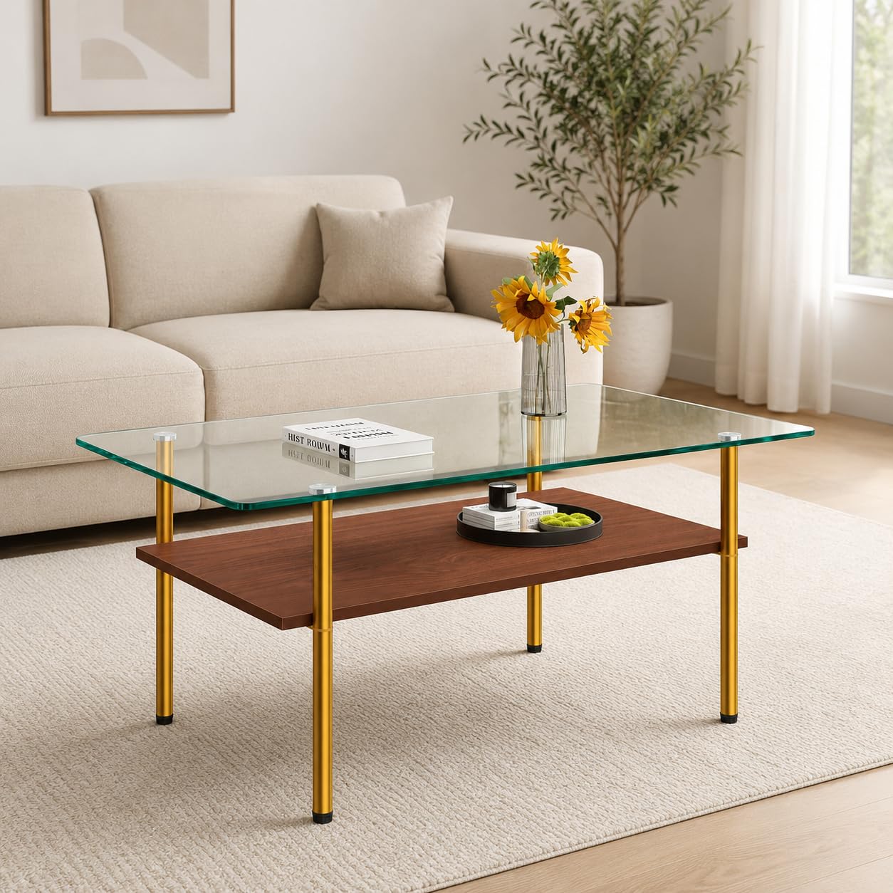 38.6 inch Glass Coffee Table for Living Room, 2-Tier Modern Center Table with Clear Tempered Glass Top, Brown Wood Shelf &amp; Gold Metal Legs, Accent Tea Table for Small Space, Easy to Assemble