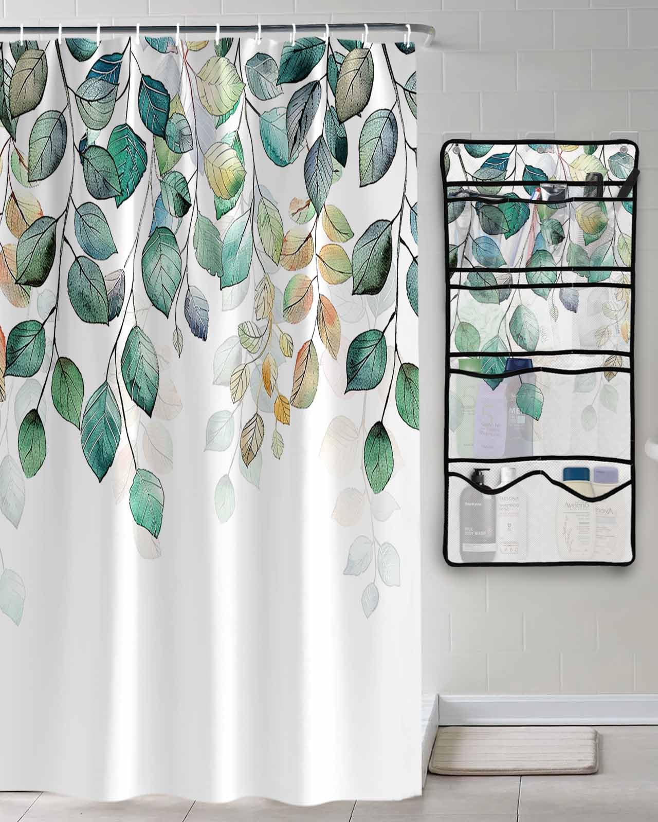 TocaHome Decorative Shower Curtain Sets Fall Polyester Fabric Waterproof Bath Shower Curtains Autumn Green Leaf Textured White Mesh