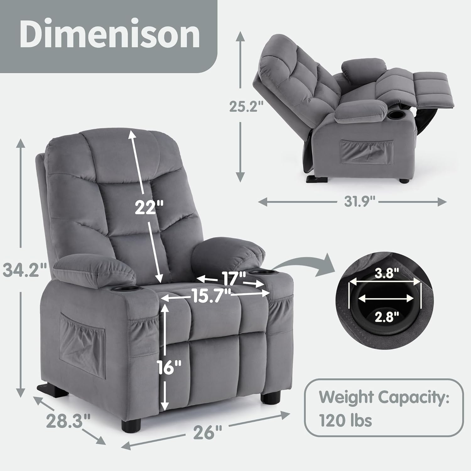 MCombo Big Kids Recliner for Ages 3+, Child Reclining Chair, Toddlers Recliner Sofa with Cup Holders (Velvet, Dark Grey)