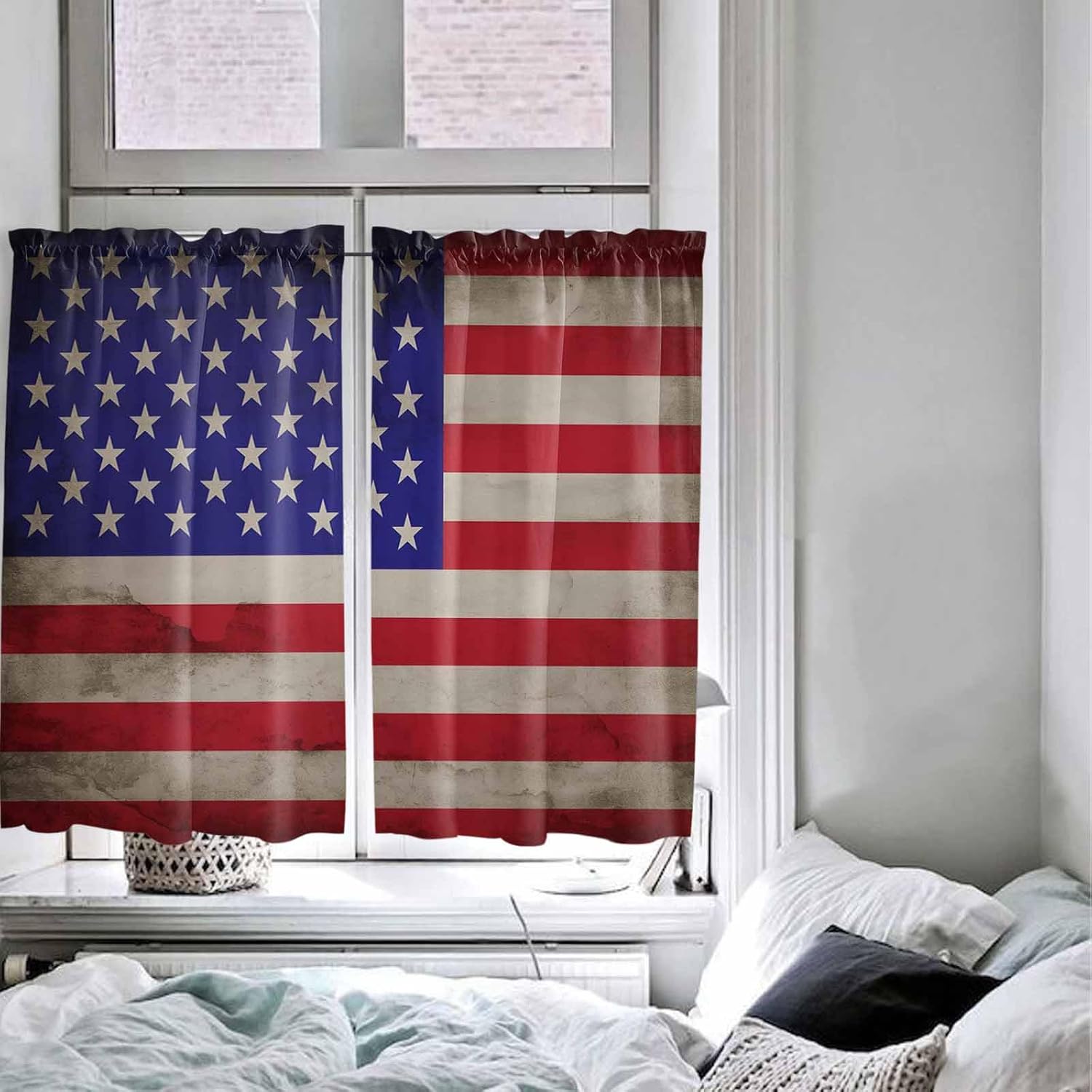 American Flag Kitchen Curtains, USA Flag Retro Light Filtering Window Curtain Panels, 2Pcs Rod Pocket Window Treatments Set for RV Dining Room Study Room 42x45 Inches