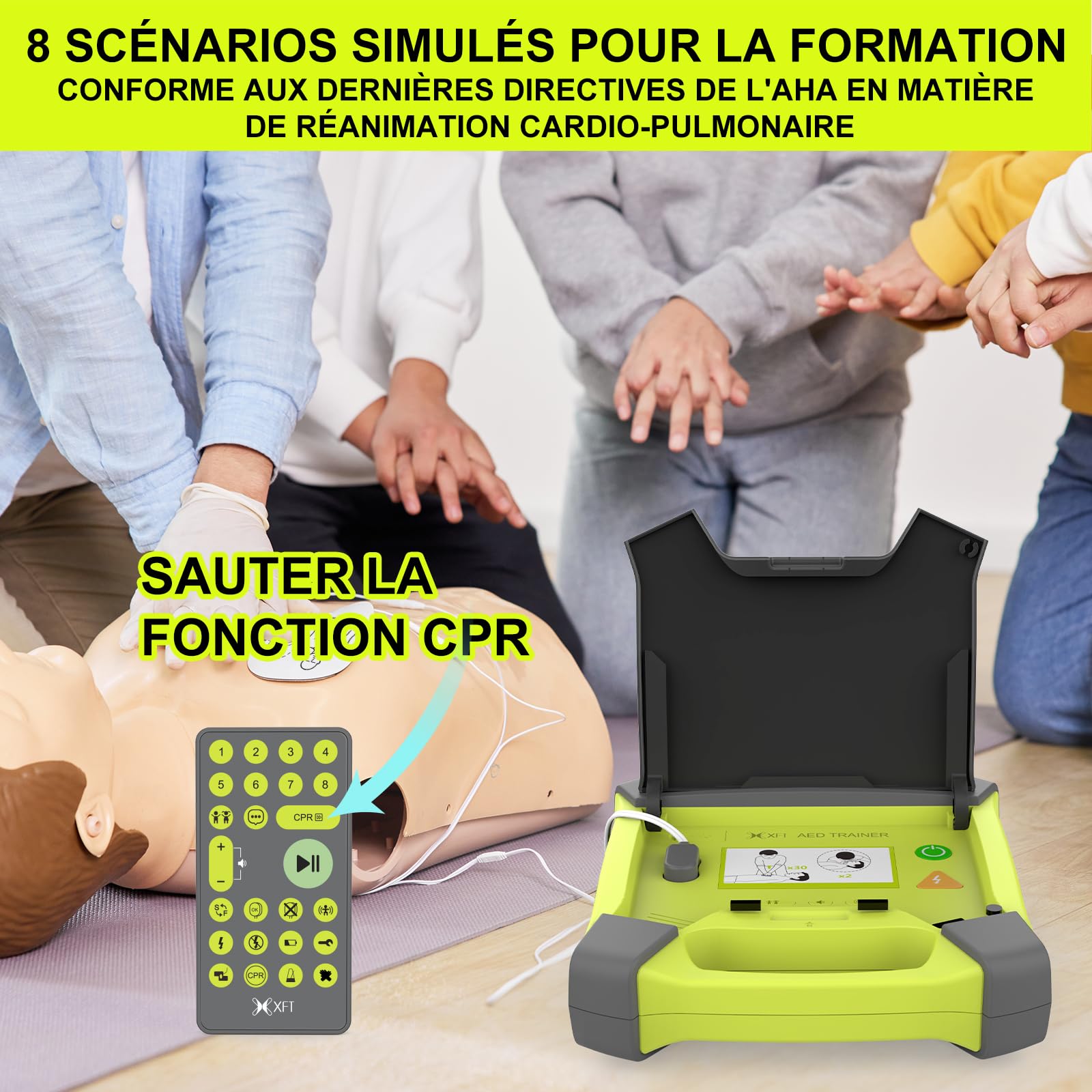 Rechargeable Défibrillateur de Formation, AED-Trainer XFT 120GA, Entraînement de Premiers Secours Pédagogique, 8 Scénarios Différents, Annonces Vocales en Français, Allemand, Espagnol et Italien