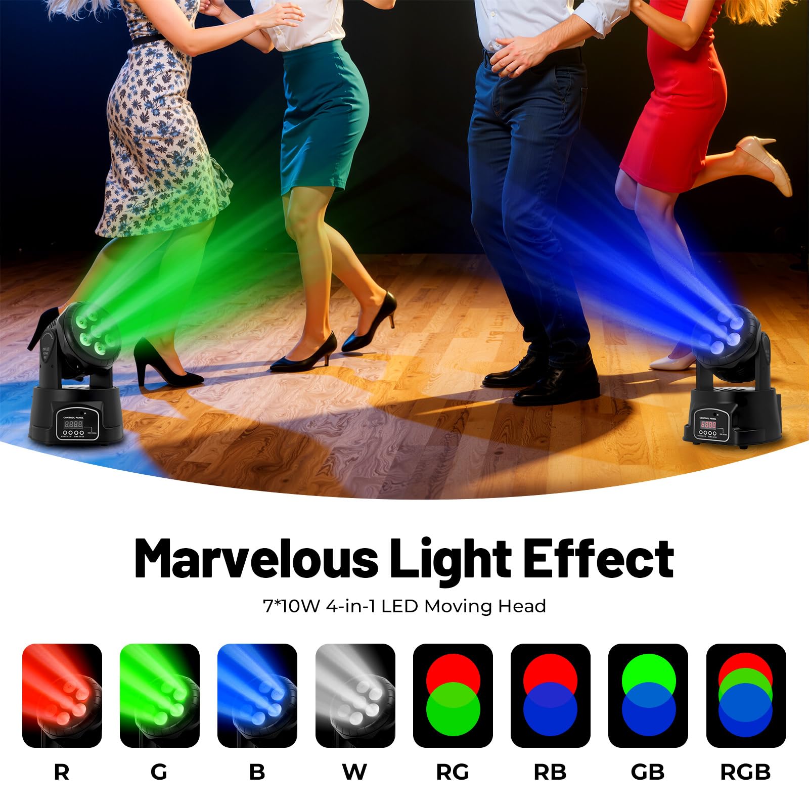 MINRS 7 x 10 W Moving Head LED Mini luce da palcoscenico dmx512 RGBW effetti di luce 5 modalità di controllo, luce da discoteca, con telecomando, effetto strobo illuminazione per discoteca, bar, club,