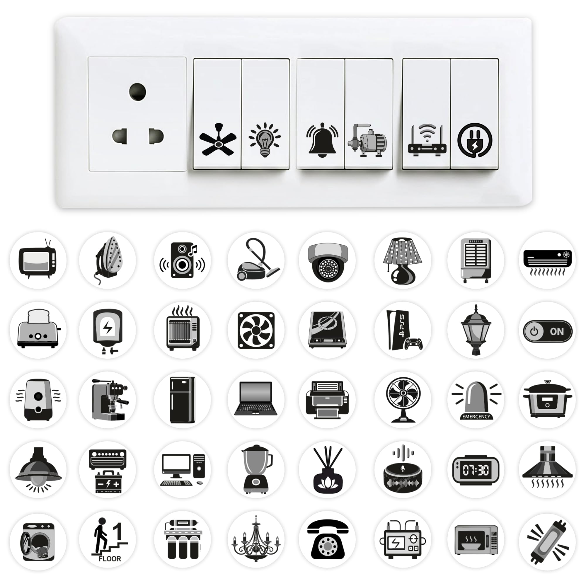 GLUN® 600 Black Switch Board Button Stickers for Home, 38 Icons for Fan Light Fridge AC, Royal Black Decorative Switch Stickers for Switchboard