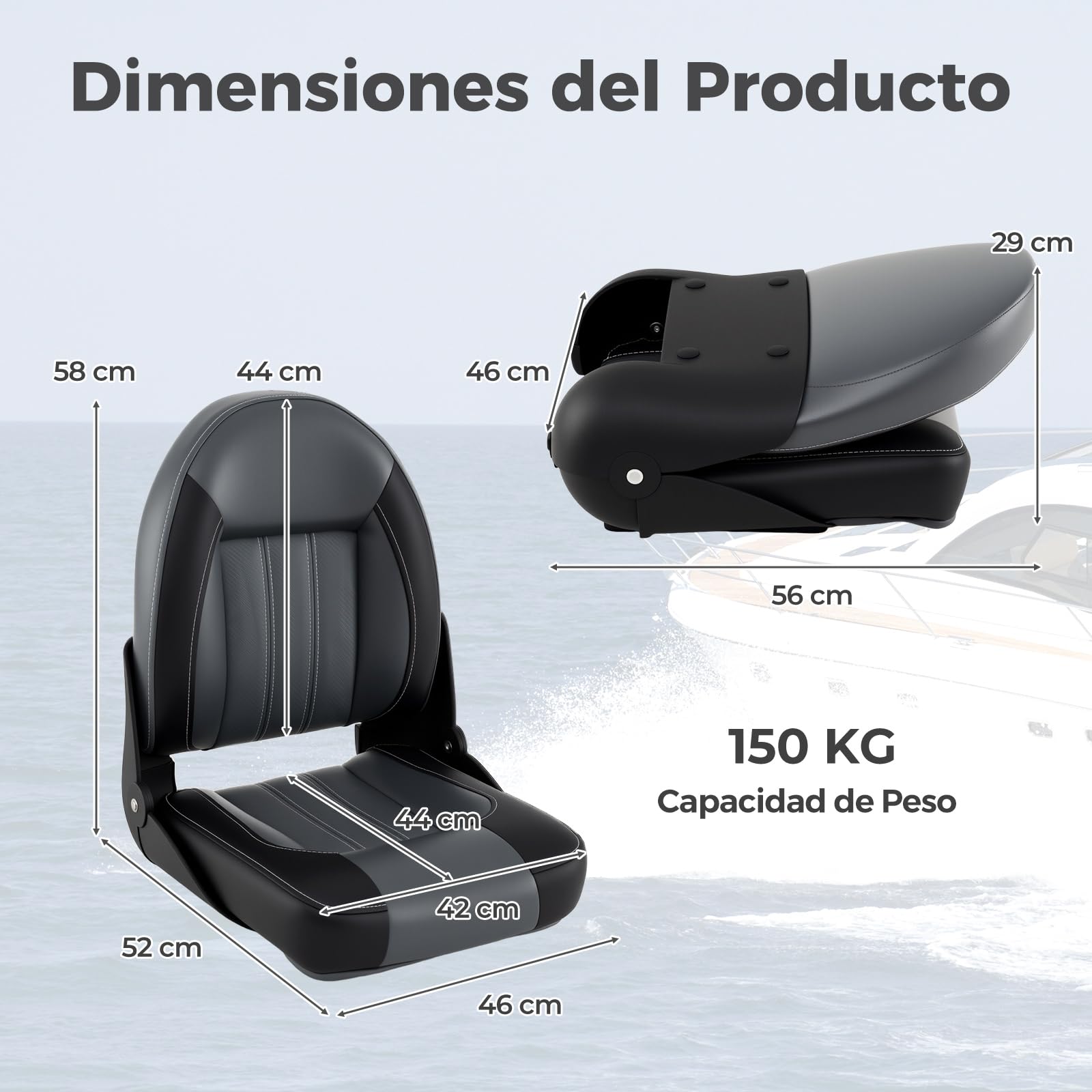 GOPLUS Juego de 2 Asientos de Barco con Respaldo Alto, Silla Plegable de Barco Impermeable, Costuras Reforzadas, Cojín Acolchado y Pernos de Montaje, Asiento Yate Ergonómico para Pesca, 46x52x58cm