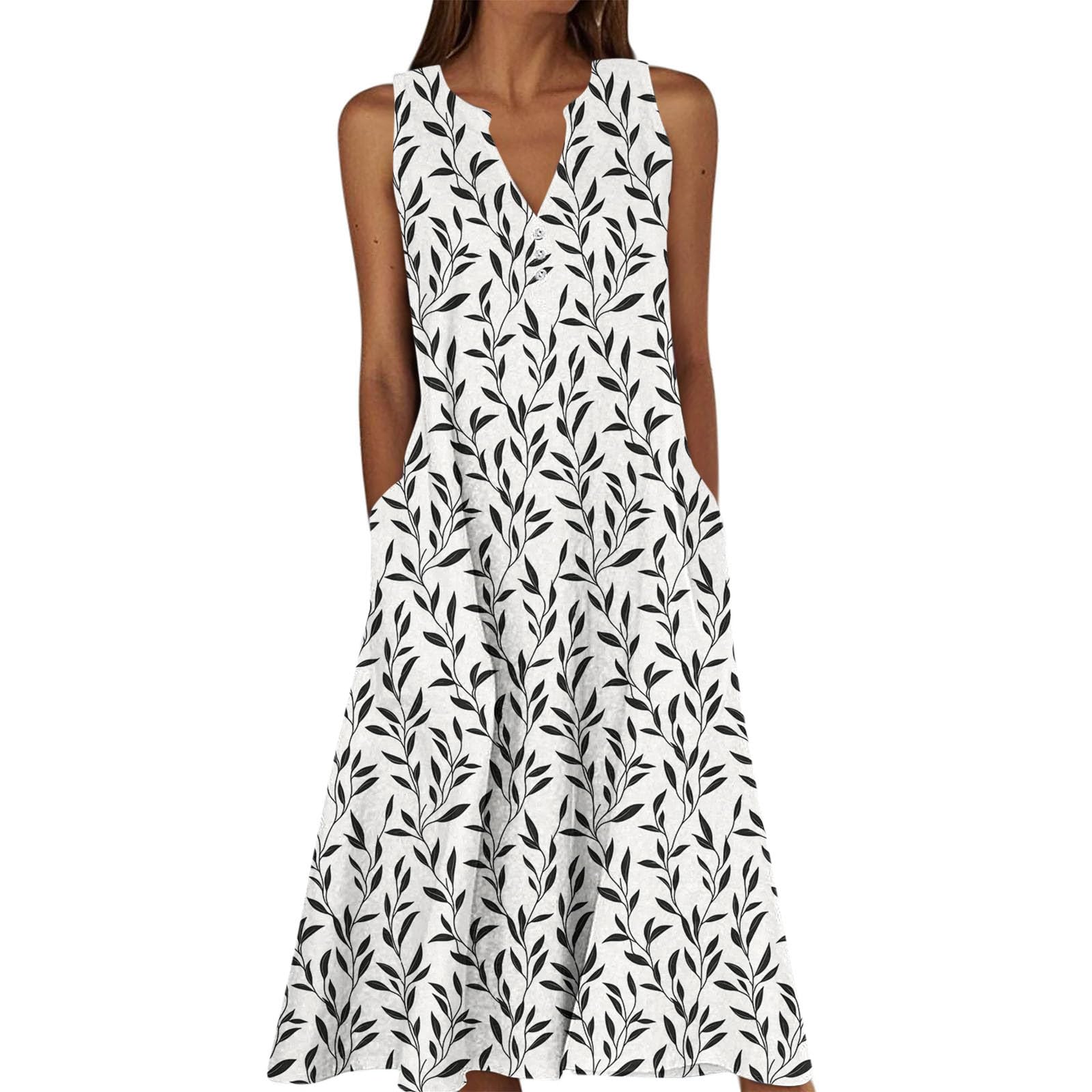 Summer Floral Print Midi Dresses for Women Boho Sleeveless V Neck Tank Dress Beach Vacation Sundress with Pockets — view 25