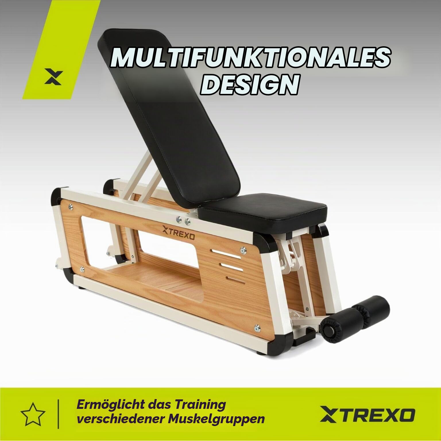 XTREXO Storage Sylwan – verstellbare Bank für Krafttraining, Stahl-Holz-Konstruktion, bequeme Rückenlehne mit Schaumstoffpolsterung, für Brust-, Bizeps- und