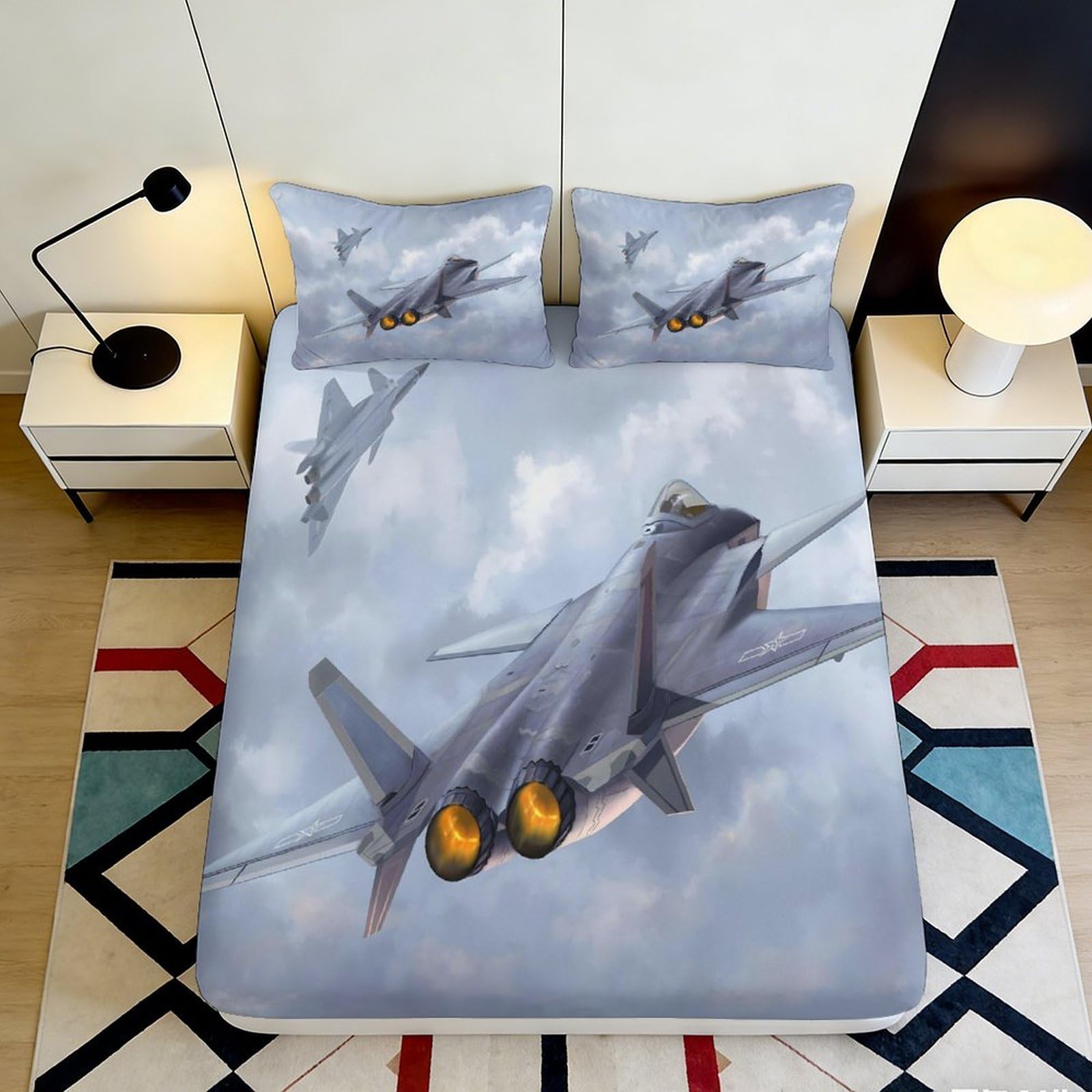 3D Printed Fighter Jet Fitted Sheet Microfiber Deep Pocket Non-Slip Fighter Jet Mattress Fitted Cover Elastic Hem for Bedroom Bedding Adults Teens 90x200x25cm