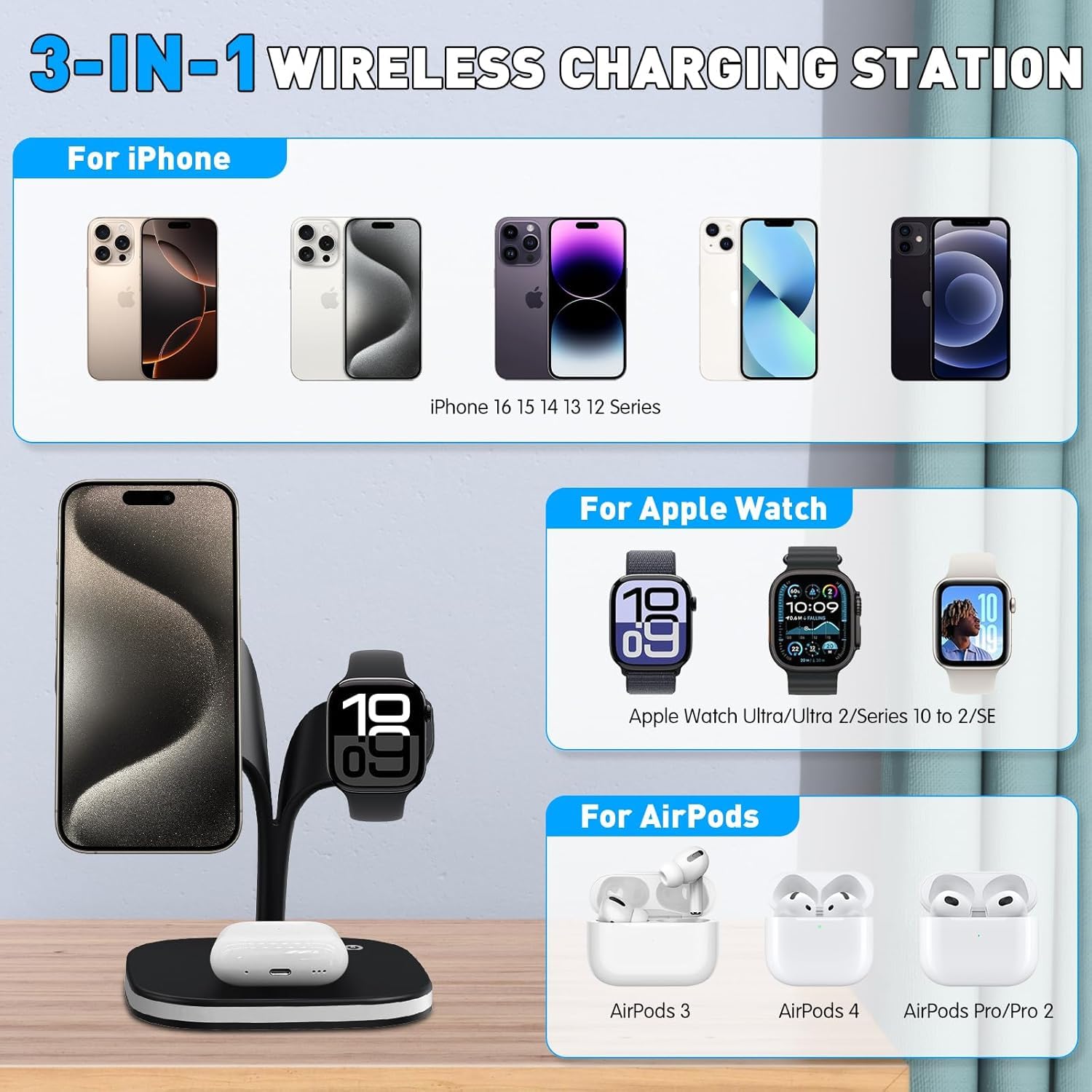 Stacja ładująca 5 w 1 do zegarka Apple Watch i iPhone, ładowarka magnetyczna do Magsafe iPhone 17 16 15 14 13 12 Series bezprzewodowa ładowarka do Apple Watch indukcyjna stacja ładująca do AirPods (z