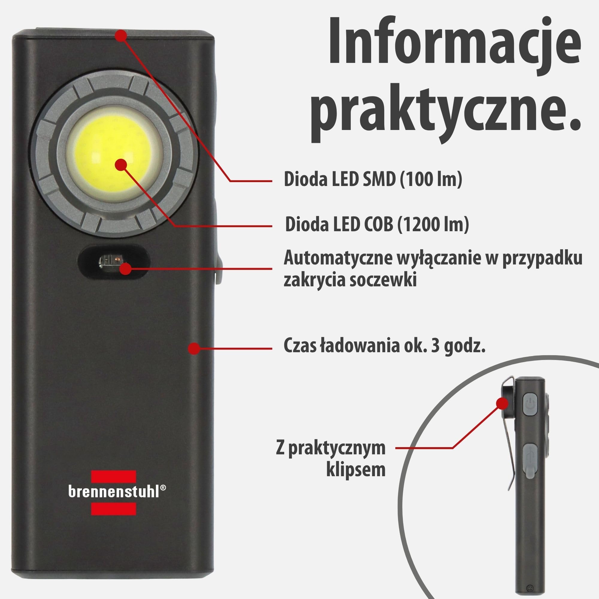 Brennenstuhl Akumulatorowa lampa ręczna LED HL 1200 AS (1200lm, latarka z 4 trybami przełączania, automatyczne wyłączanie przy bliskości obiektu, IP56, obudowa aluminiowa, magnes, klips, kabel USB C)