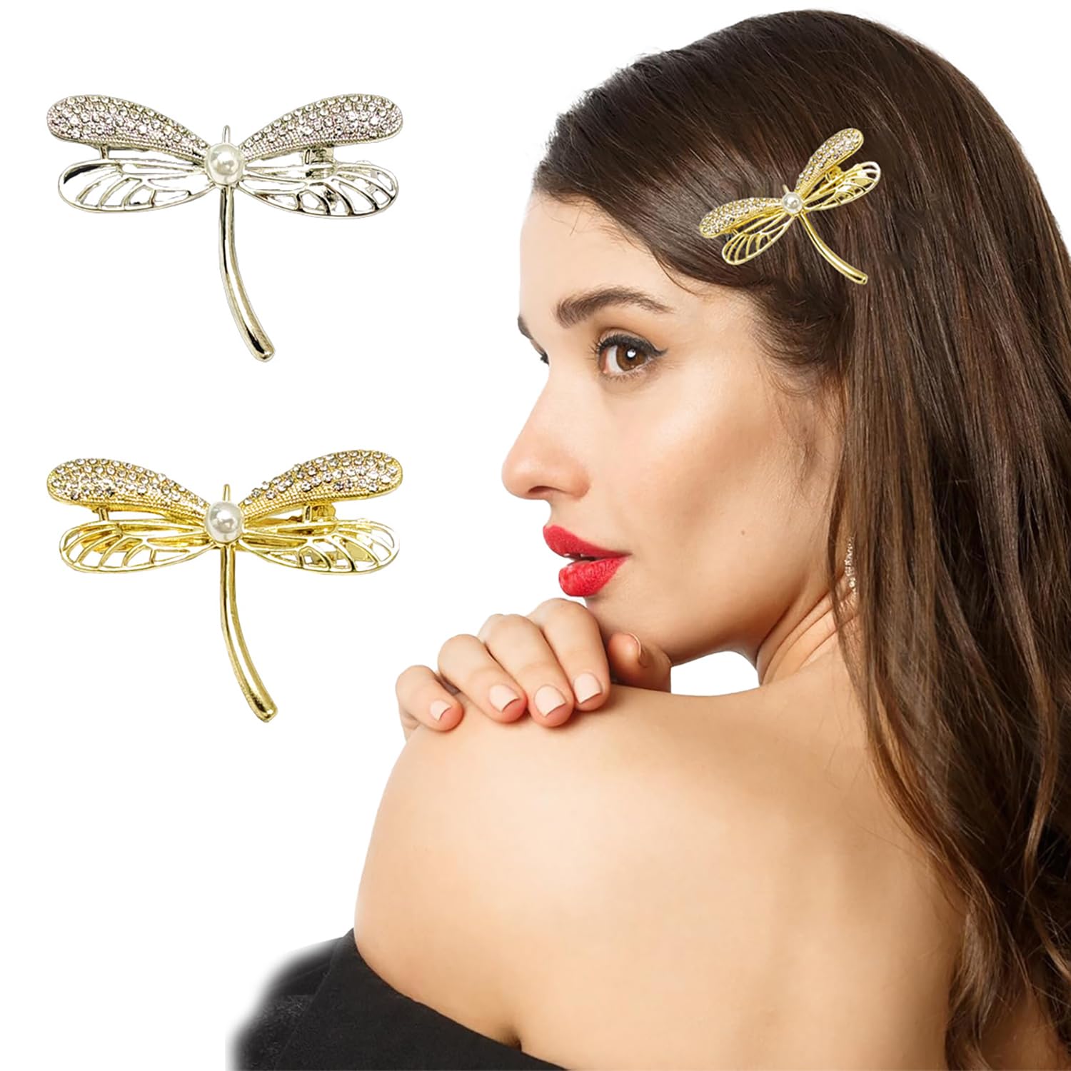 PODUOJIEYI Gold Silver Dragonfly Hair Claw Clips Pearl Rhinestones Hair Clips for Women 2Pcs Metal Dragonfly Hair Barrettes for Women Girls Fashion